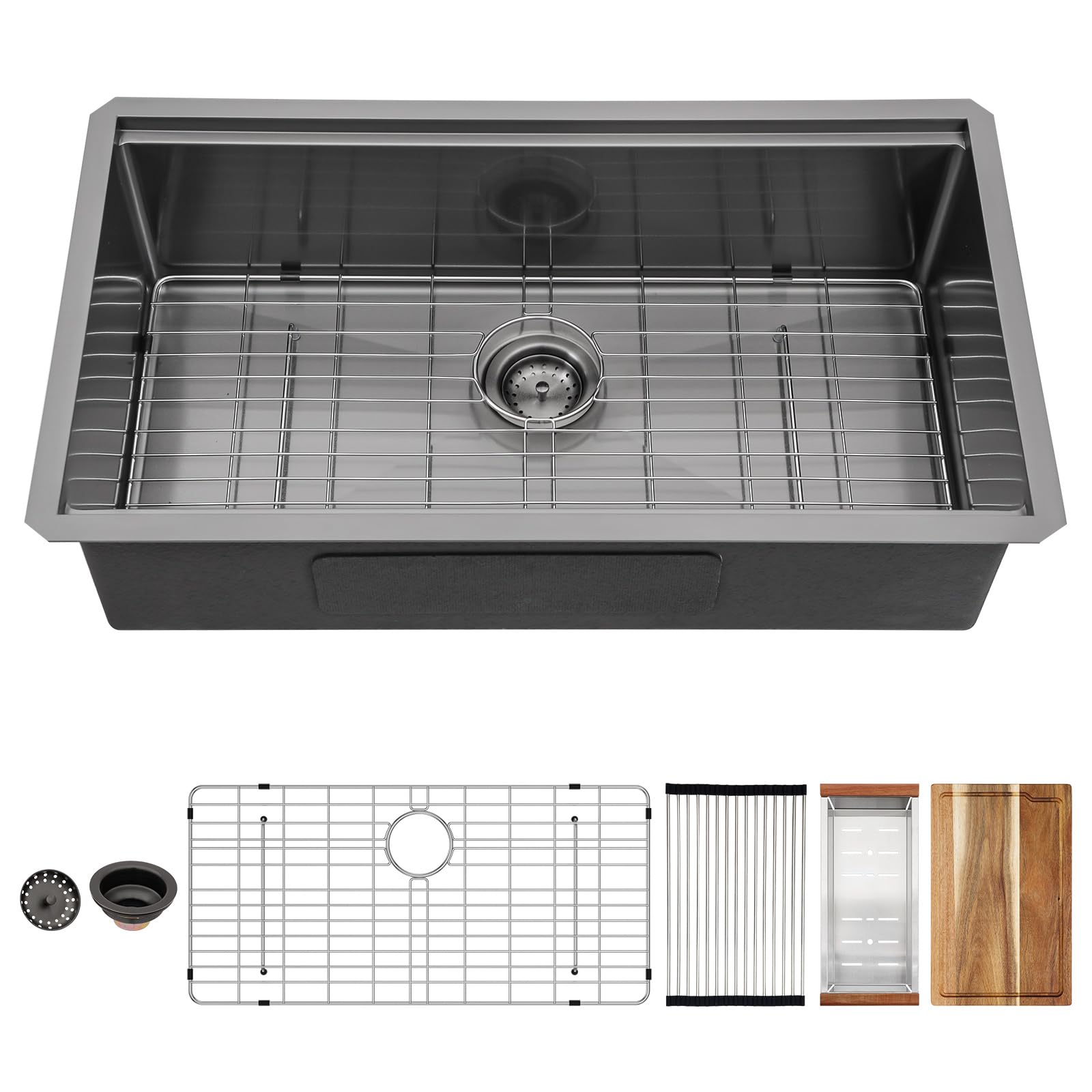 Couoko 33 X 19 Inch Black Undermount Kitchen Sink Workstation Single Bowl Gunmetal Black Stainless Steel Sink 16 Gauge Handmade