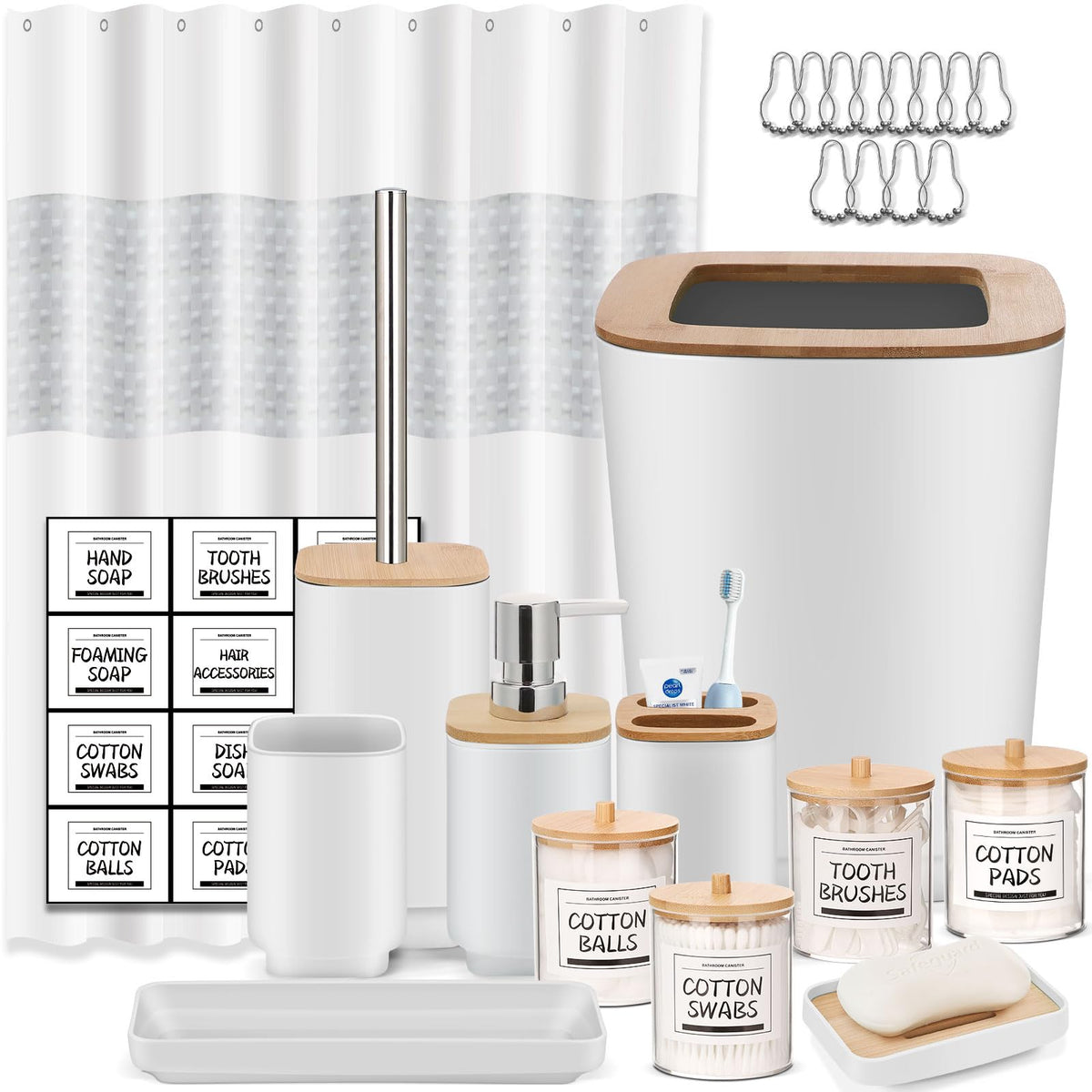 Imavo White Bathroom Set,24 Pcs Bathroom Accessories Set With Shower Curtain,Tray,Trash Can,Soap Dispenser,Soap Dish, Toothbrush