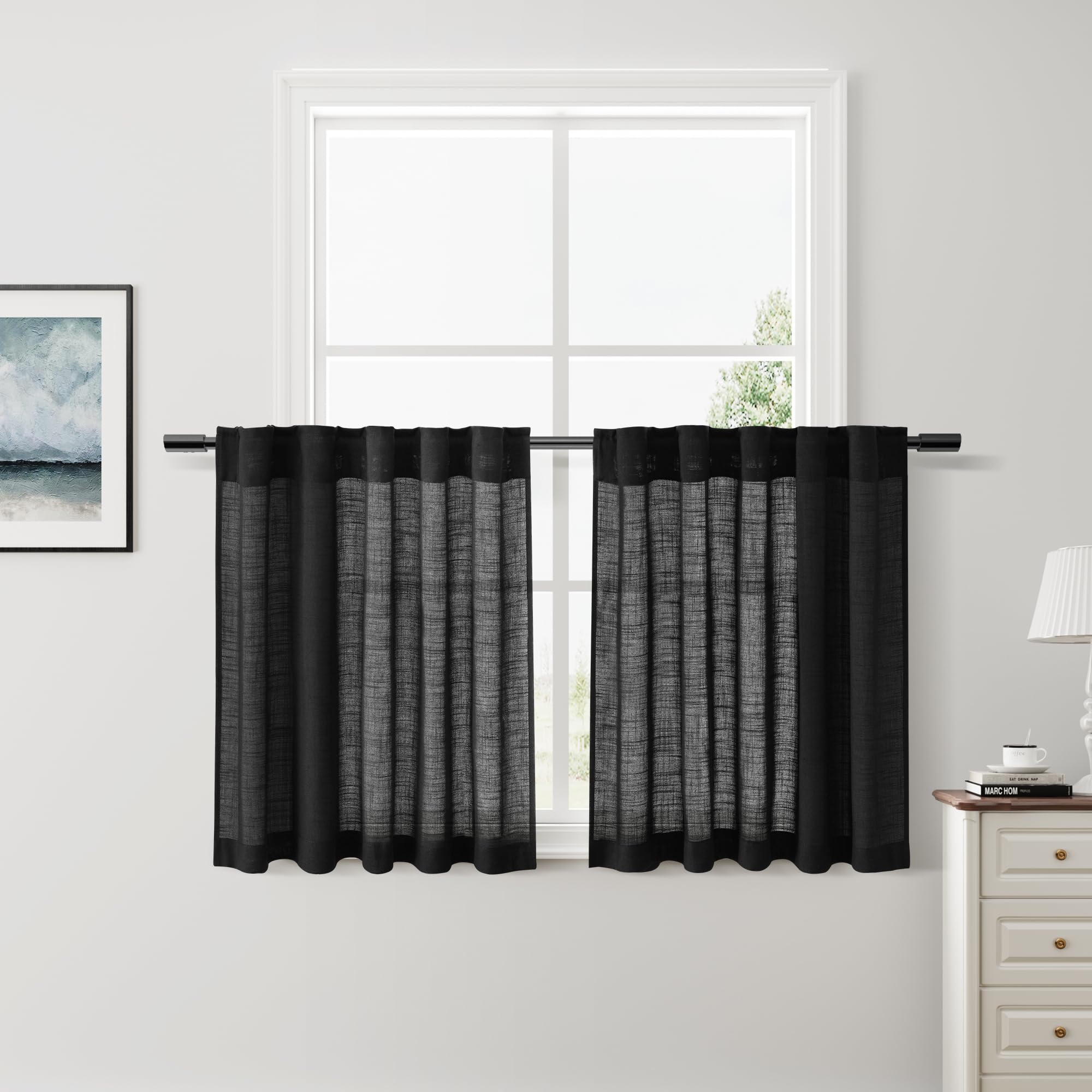 Nanspring Black Short Kitchen Linen Curtains 30 Inch Length Kitchen, Semi Sheer Linen Blend Cafe Curtains Back Tab and Rod Pocke