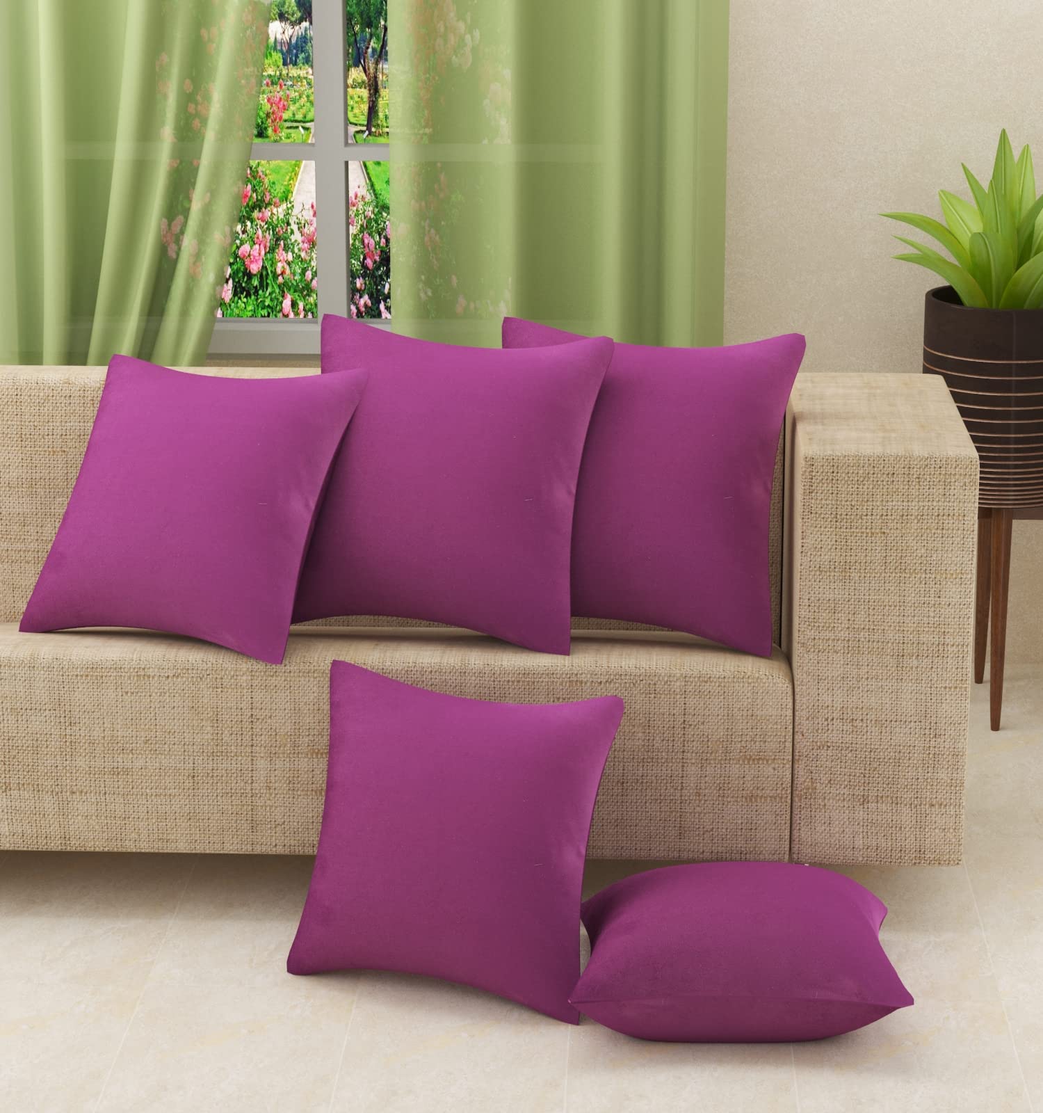 Stuffique Velvet Throw Pillow Cover Solid Plain Cushion Covers Set Of 5 For Sofa Couch Bed Chair 12 X 12 Inch, Purple-190 Tc