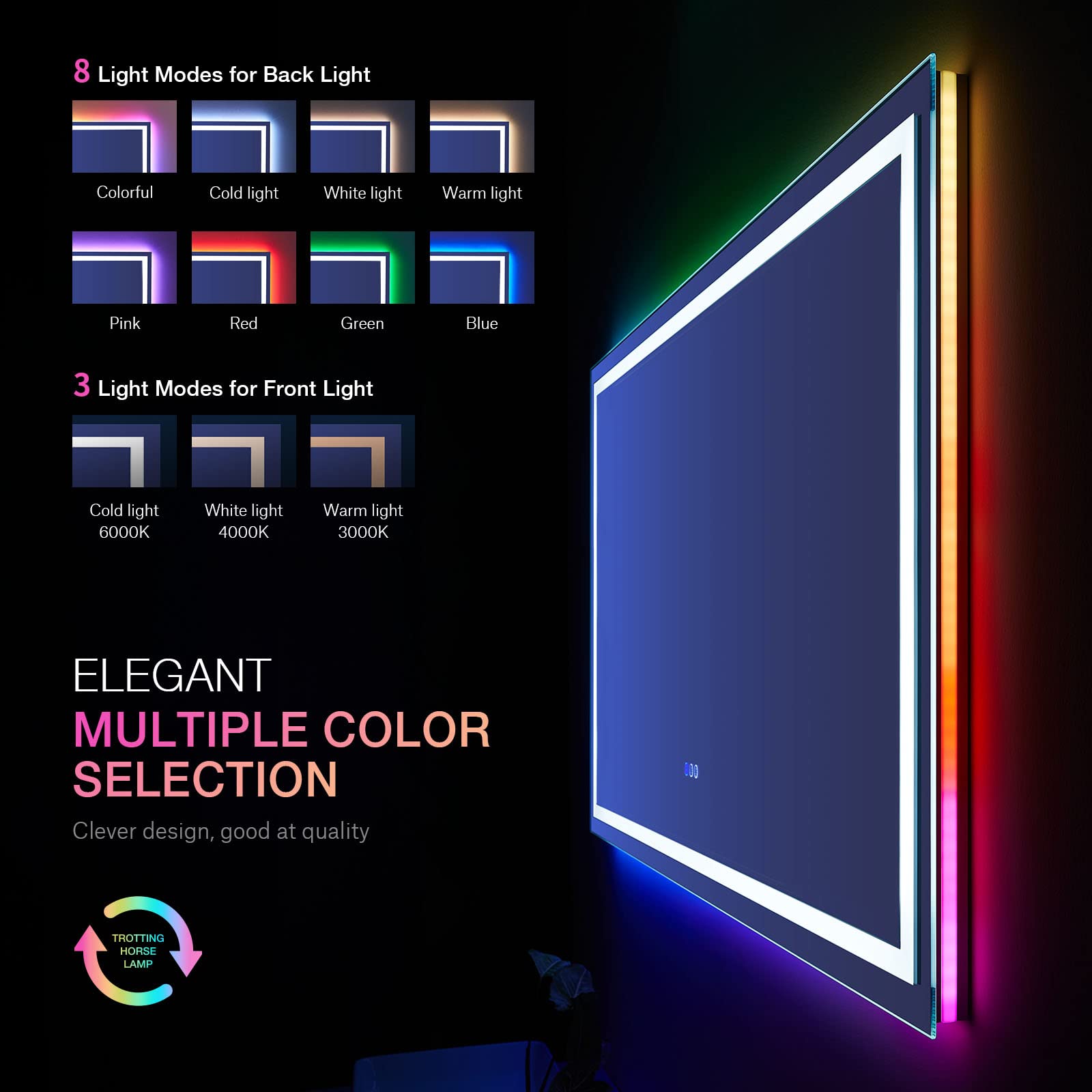 LOAAO 72''X36'' Inch RGB LED Bathroom Mirror with Lights  Large  Anti-Fog  Dimmable Smart Lighted Bathroom Vanity Mirror  Multiple Light Modes  RGB Backlit + Front Light  Memory Function  Tempered Glass