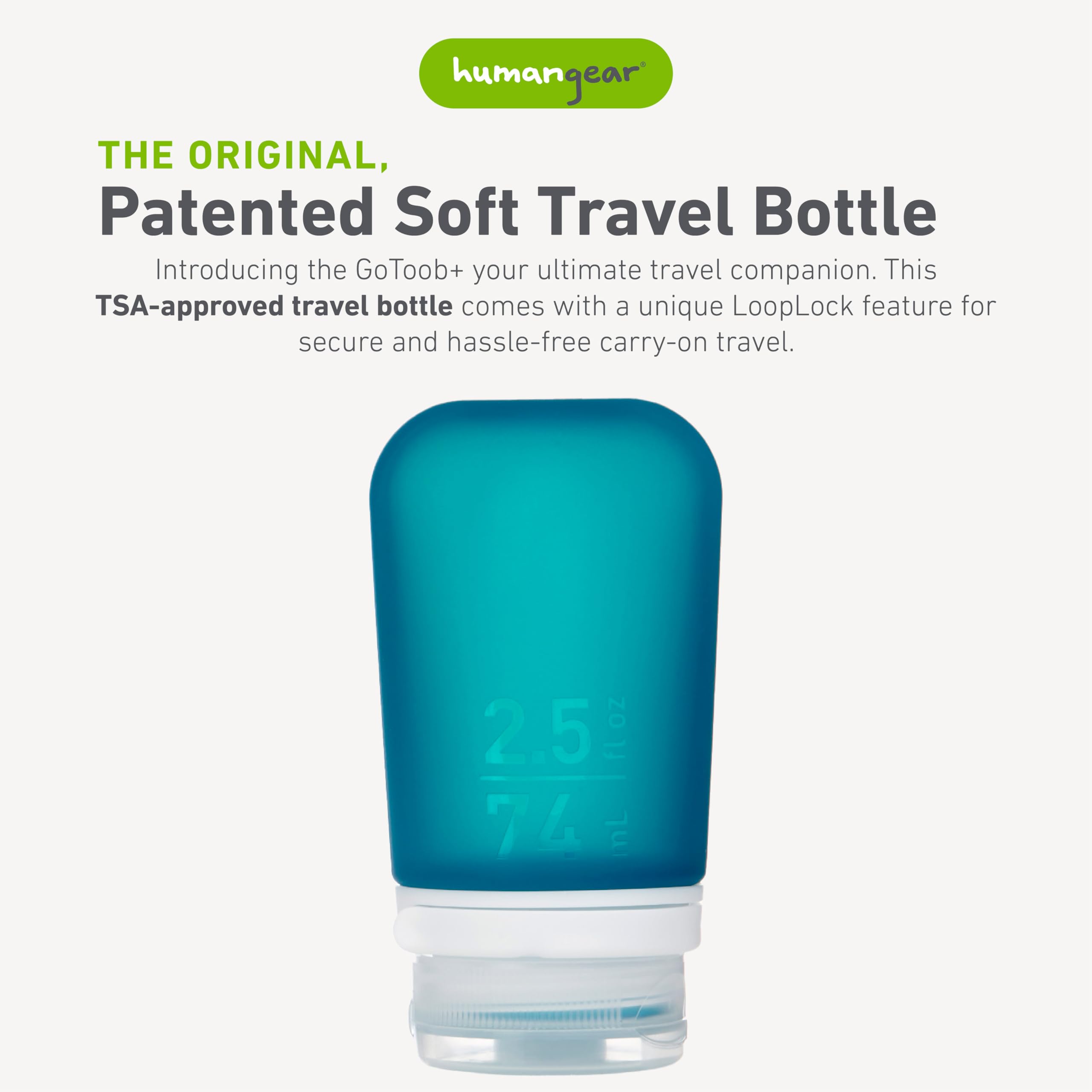 Humangear Gotoob+ (Medium) | Refillable Silicone Travel Bottle | Locking Lid | Food-Safe Material | Teal, Medium (2.5 Fl.Oz.; 74