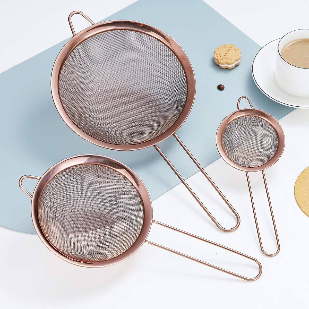 Kyraton Rose Gold Fine Mesh Strainer 3 Pieces Set, Copper Flour Sifter For Baking, Stainless Steel Clander, Matcha Tea Strainer,