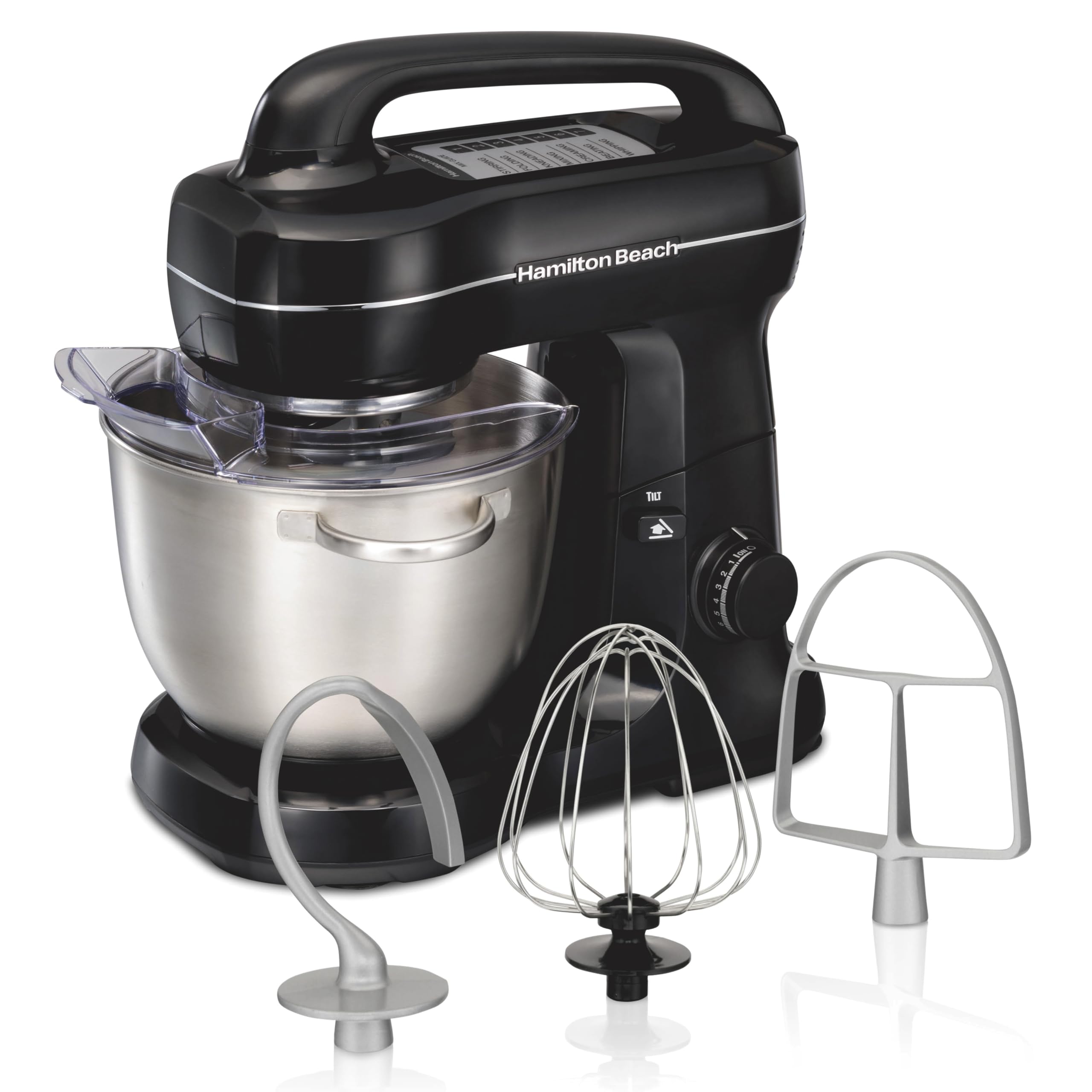 Hamilton Beach Electric Stand Mixer, 4 Quarts, Dough Hook, Flat Beater Attachments, Splash Guard 7 Speeds With Whisk, Black With