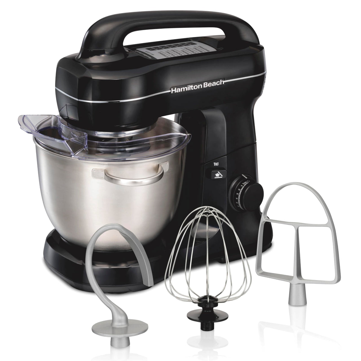 Hamilton Beach Electric Stand Mixer, 4 Quarts, Dough Hook, Flat Beater Attachments, Splash Guard 7 Speeds With Whisk, Black With