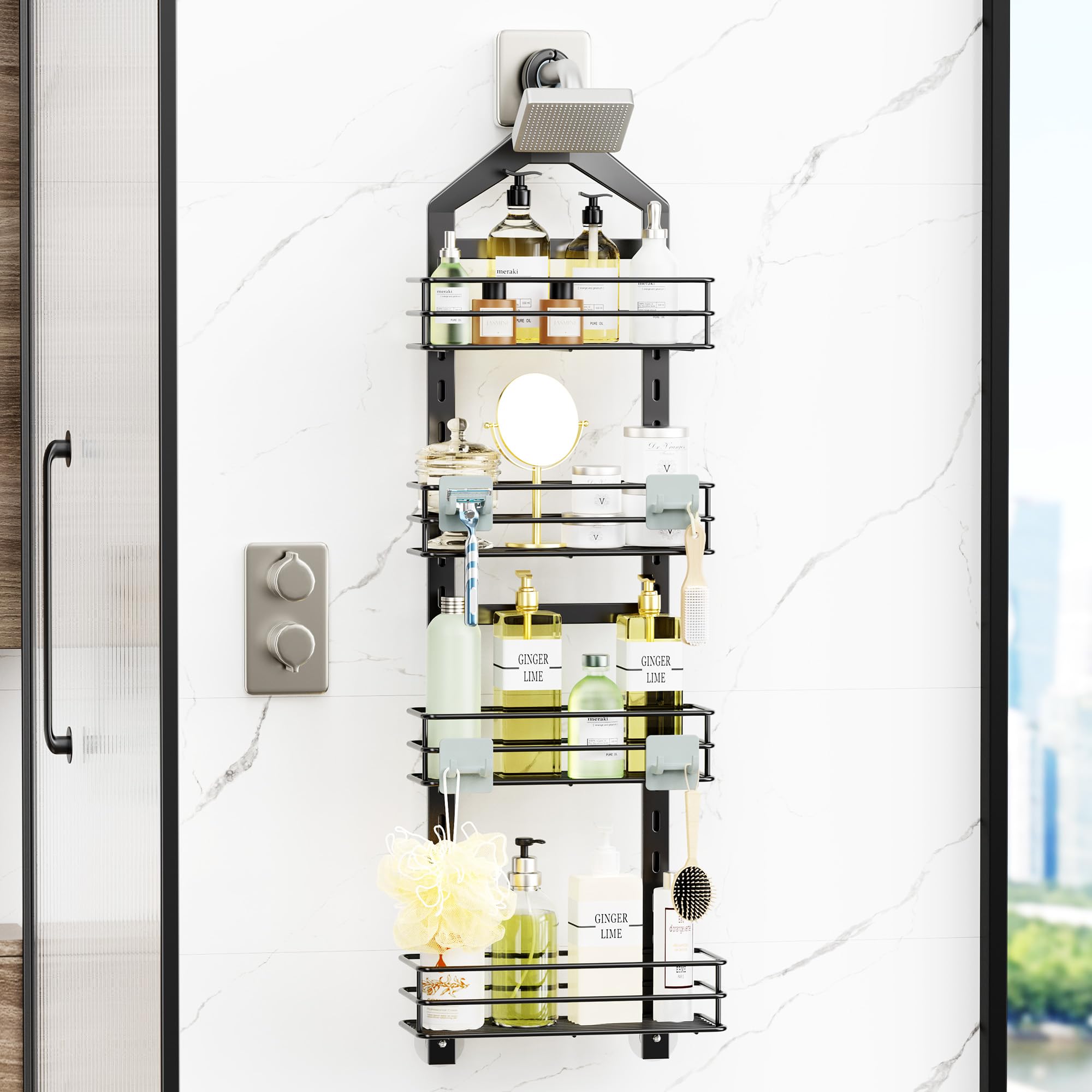 Orimade Adjustable Anti-Slip Hanging Shower Caddy Over Shower Head,Rustproof Bathroom Hanging Shower Organizer With 4 Hooks For