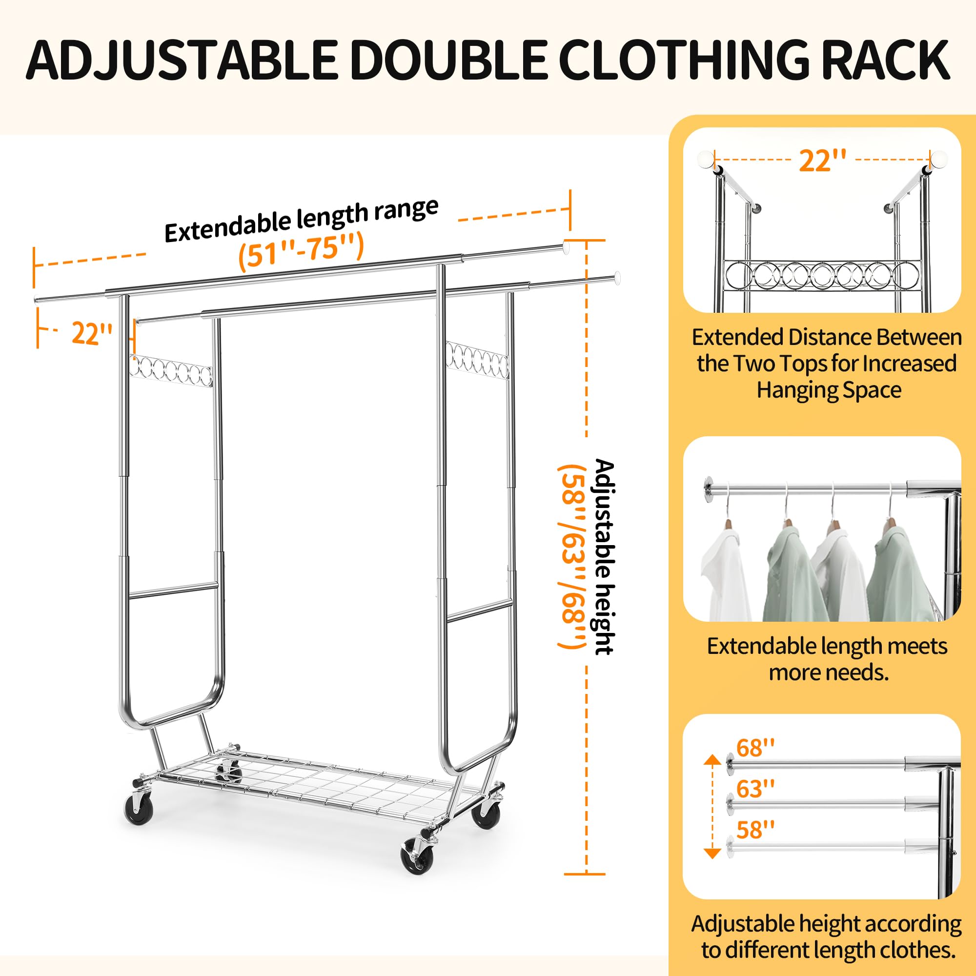 Rengue Heavy Duty Rolling Clothing Rack, 610LBS Capacity, Portable Stainless Steel, Silver, Model RG-RGR01, Commercial Garment Rack