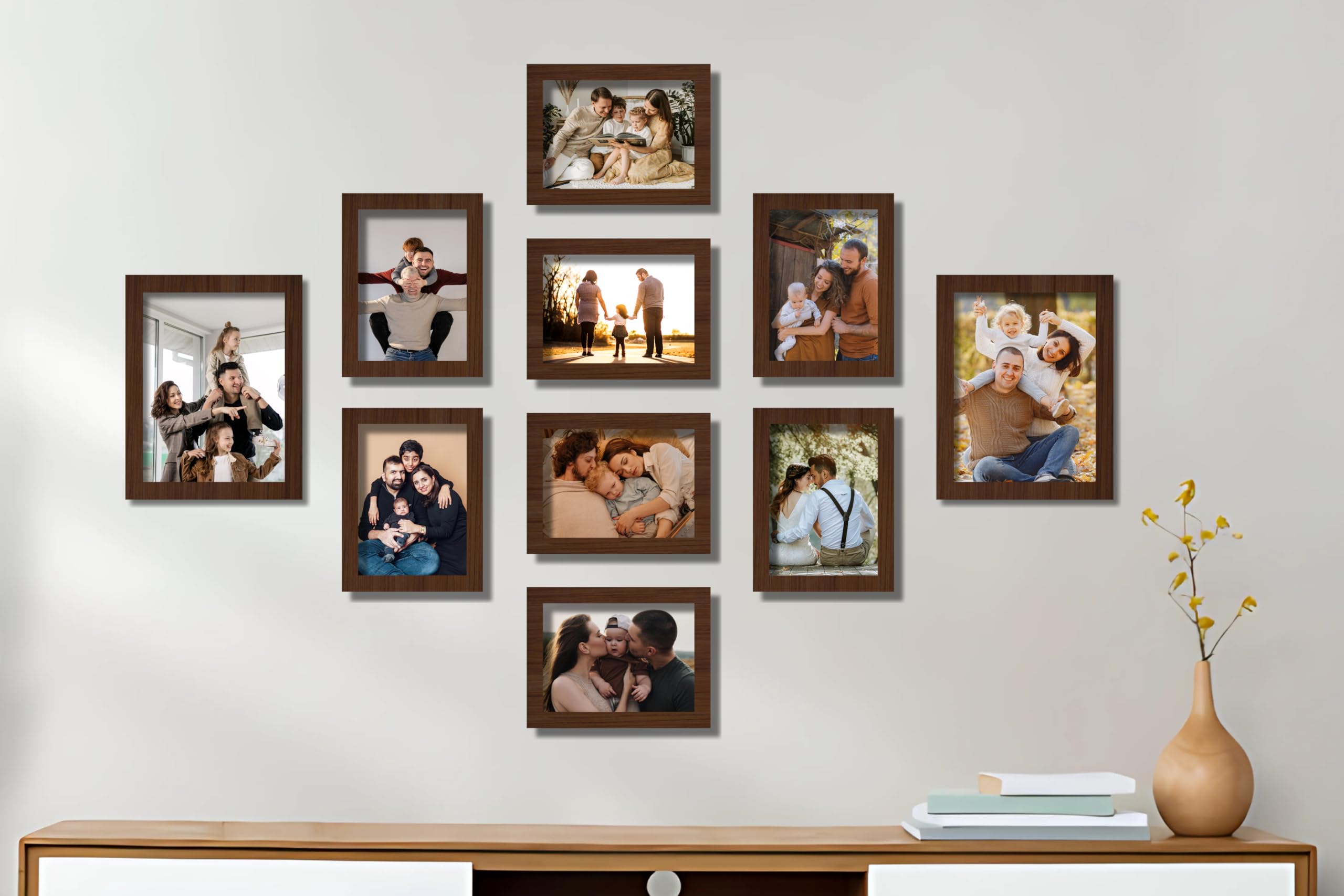 Dev Aastha Brown Photo Frame Set For Wall Dcor | Pack Of 10 Medium Frames With Plexi Glass | Includes 8 (5X7) & 2 (6X8) | Ecoser