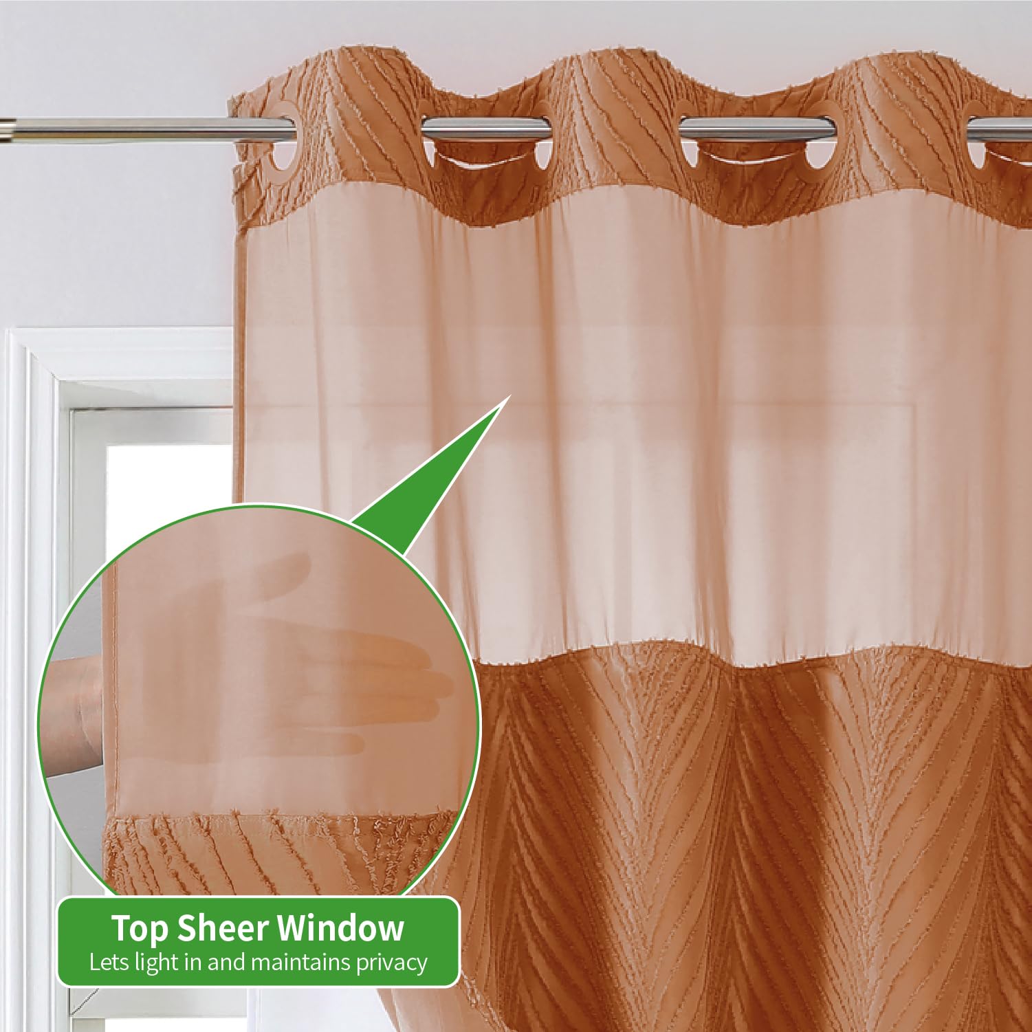 Eachope No Hook Shower Curtain And Liner Set,Boho Style With See Through Top Window, Burntorange Fabric Tufted Striped Textured