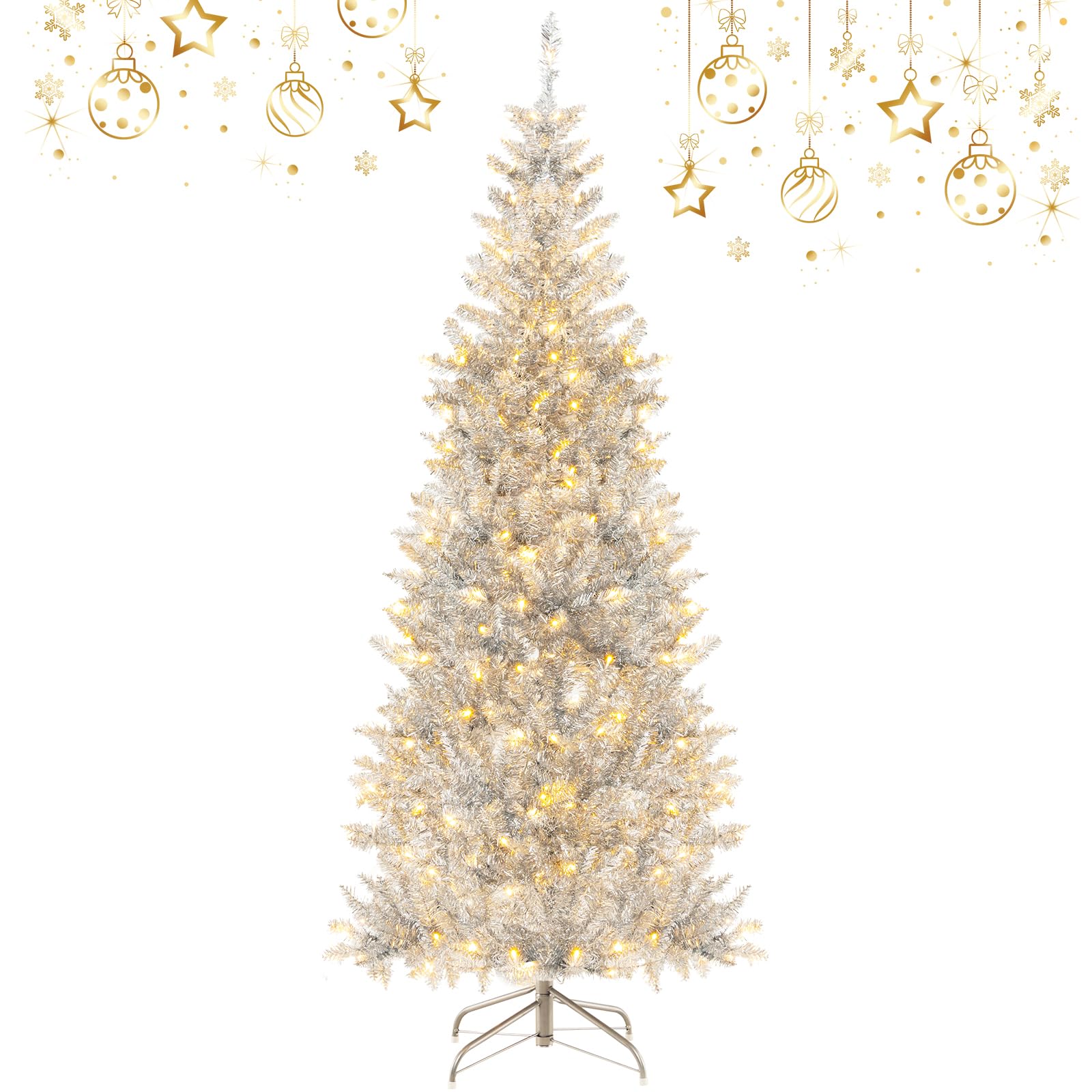 GOFLAME 6FT Pre-Lit Pencil Christmas Tree, Hinged Christmas Tree with Tinsel Leaves, 790 Branch Tips & 300 Warm White LED Lights
