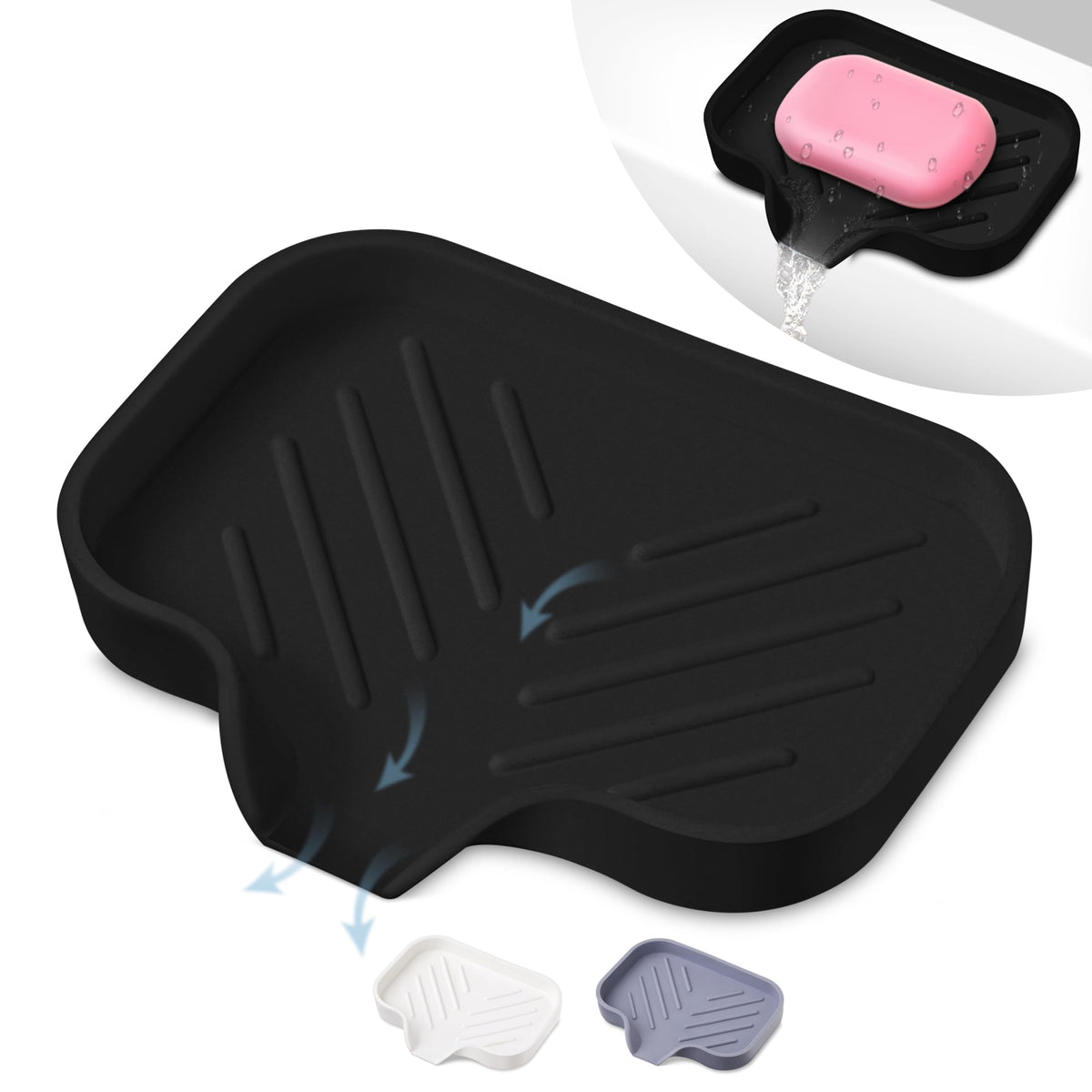 Black Silicone Soap Dish Tray, Self Draining Soap Holder For Bar Soap, Silicone Soap Tray With Drainage, Soap Dishes For Bar Soa