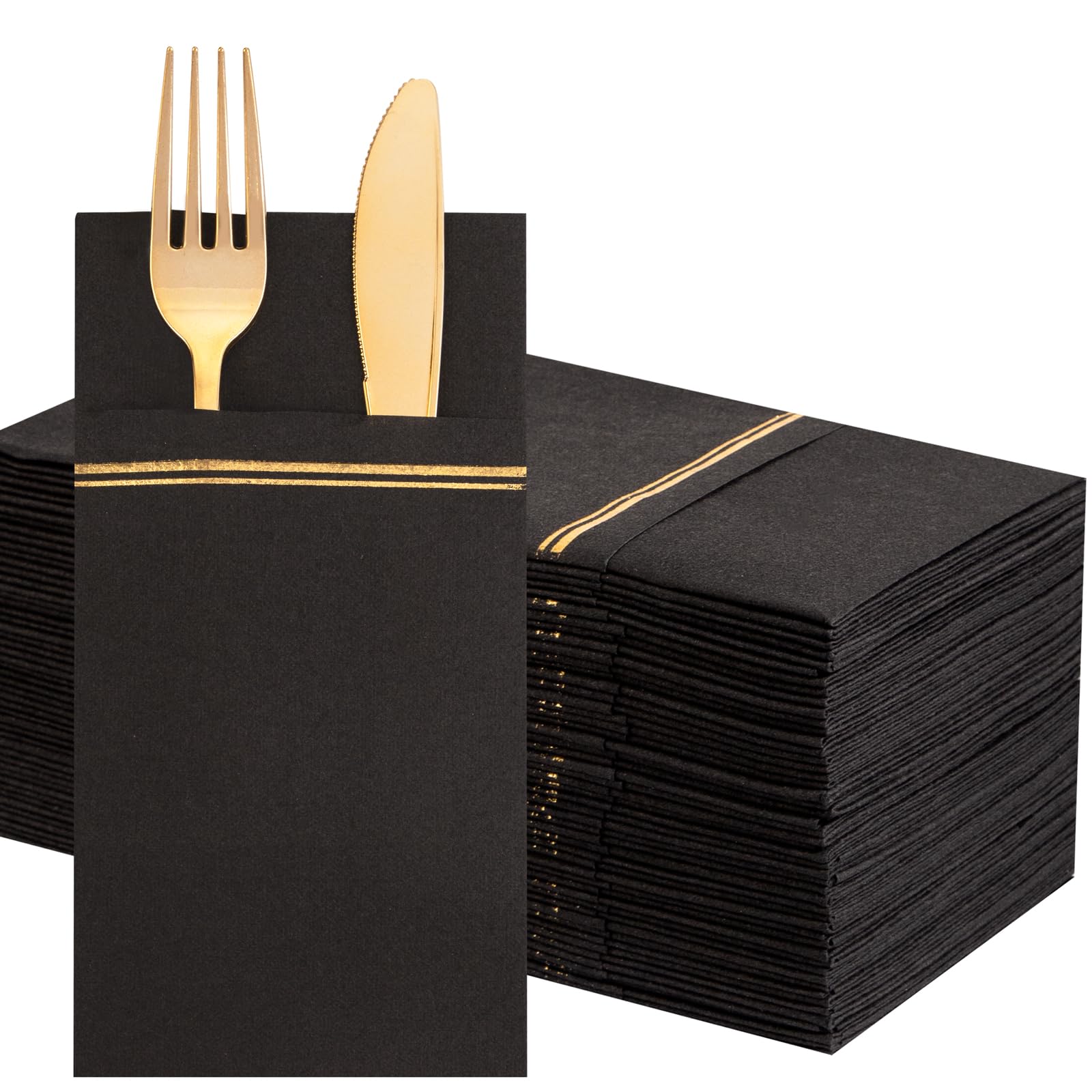 Nervure 100Pcs Black Paper Napkins With Built-In Flatware Pocket - Black And Gold Prefolded Cloth Like Disposable Napkins - Heav
