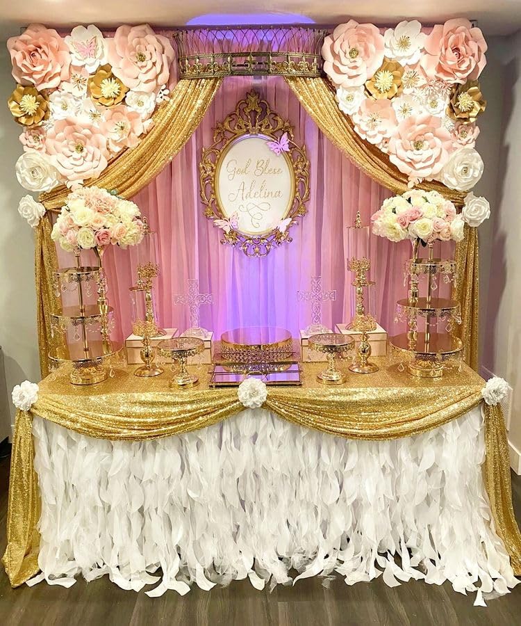 Queendream 90X132Inch Rectangle Sparkly Gold Sequin Tablecloth Wedding Glitter Tablecloth For Birthday Party Decor