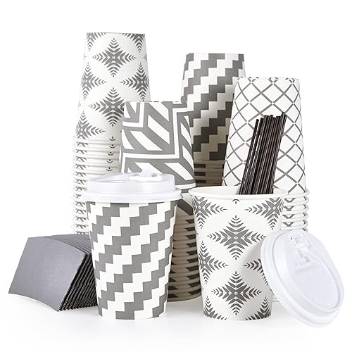 LITOPAK 100 Pack 12 oz Paper Coffee Cups  Disposable Coffee Cups with Lid  Sleeve  and Straws  Four Designs of Hot Coffee Cups  Disposable Paper Cups  and Drink Cups for Home  Stores  and Cafes.