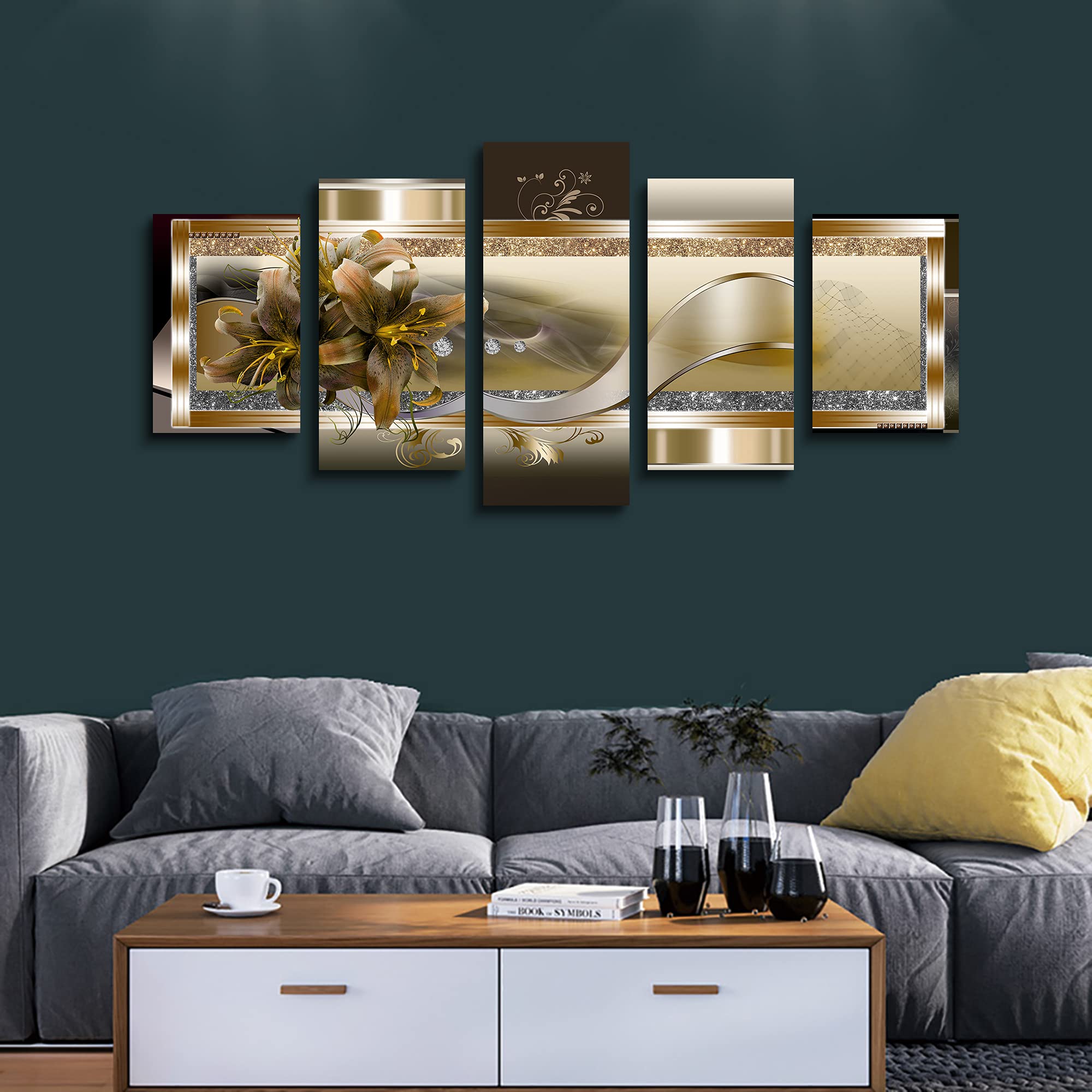 LUDUHU Yellow Orchid Flowers Canvas Print - Abstract Yellow Floral Poster Wall Art Painting Decor for Home Decoration Artwork Picture Bedroom Yellow Floral (D Oversize 80x40inch)