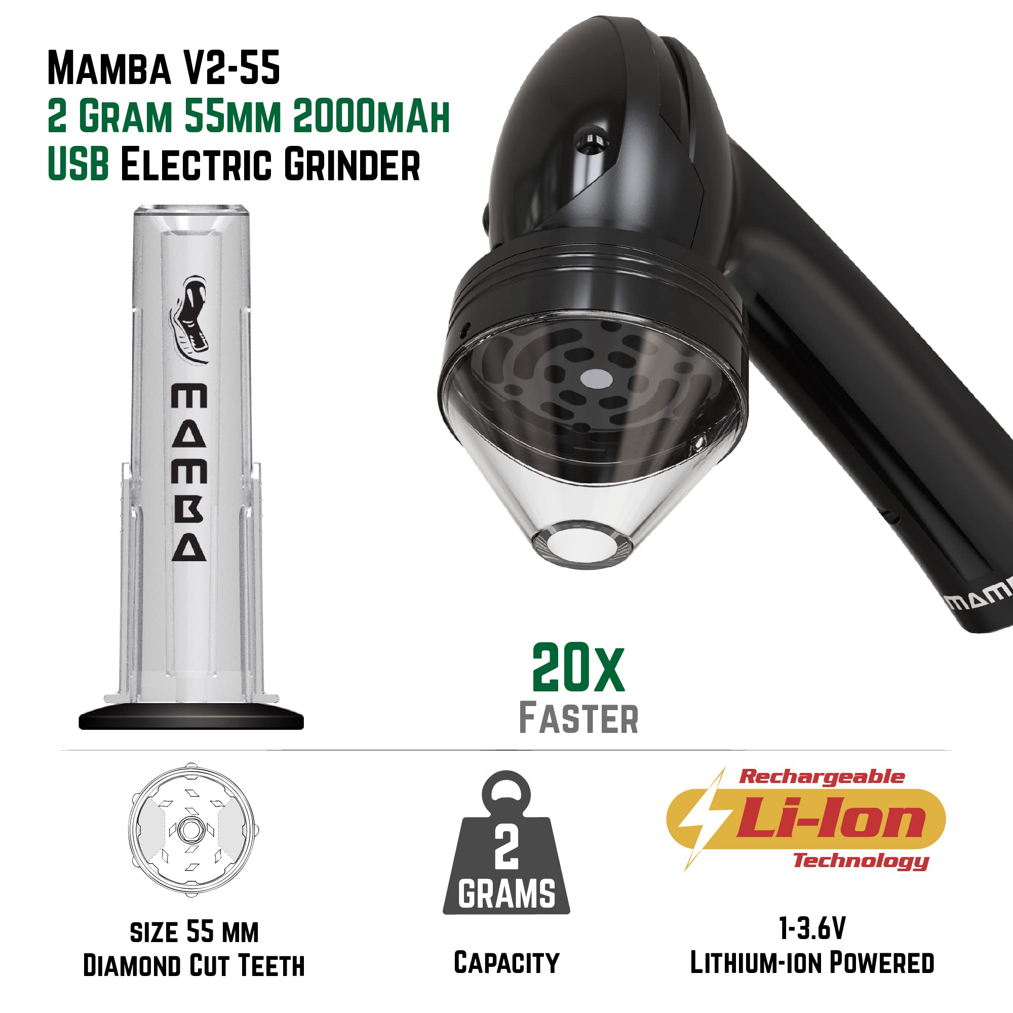 Mamba Loader Xl V2-55 Electric Herb Grinder, Usb Rechargeable Automatic Grinder Fast Mill With Aluminum Alloy Head, Includes Her