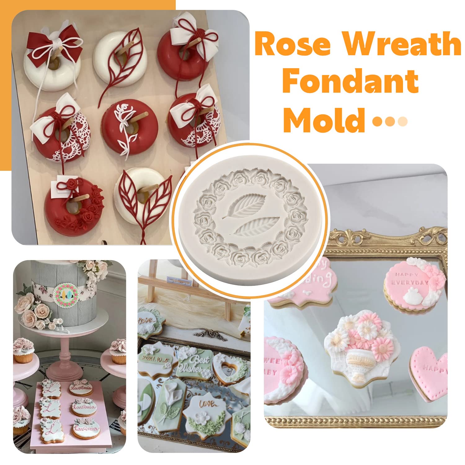 Sijiangmold Rose Wreath Leaves Silicone Molds Flower Garland Fondant Mold For Wedding Valentine Party Cake Decorating Candy Cupc