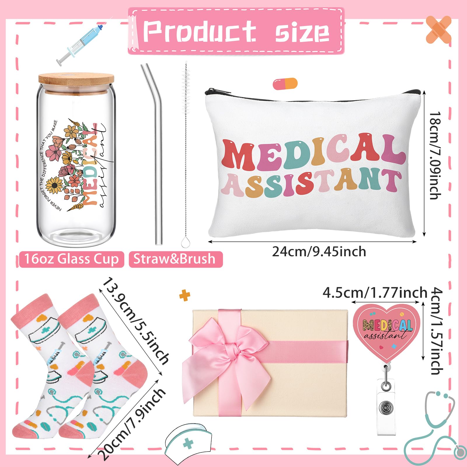 Skylety 5 Pcs Christmas Medical Assistants Gifts Sets for Women 16 oz Glass Cup Sock Cosmetic Bag Badge Reel Present Box Novelty