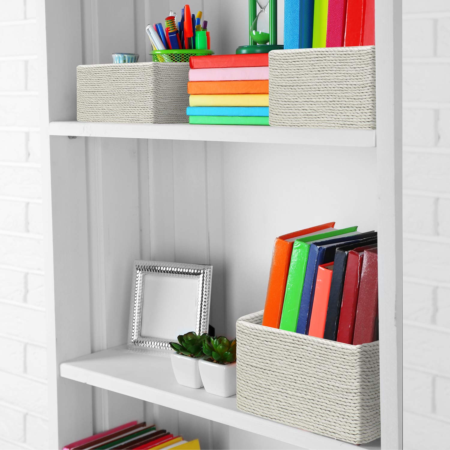 Sorbus Storage Baskets 4-Piece Set - Stackable Woven Basket Paper Rope Bin Boxes For Makeup, Office Supplies, Bedroom, Closet (B