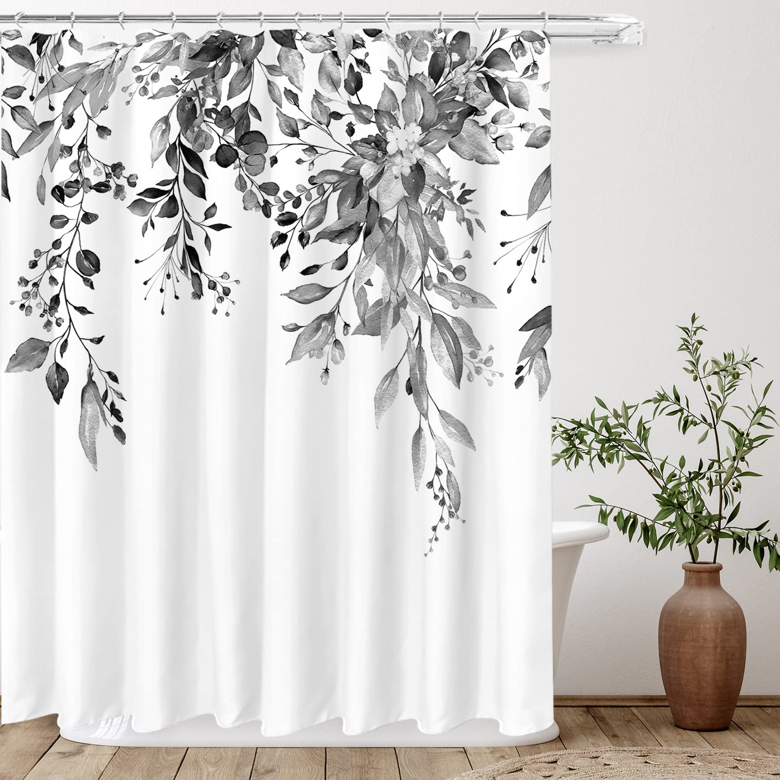 Tititex Black Eucalyptus Shower Curtain Sets, Watercolor Grey Leaves On The Top Plant With Floral Bathroom Decoration 72X84 Inch