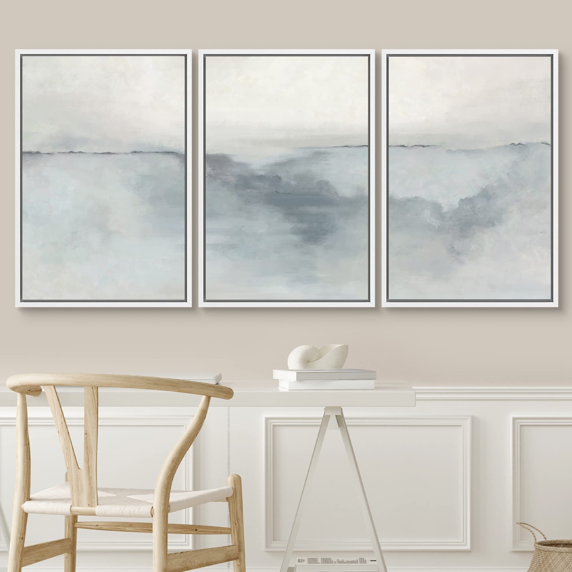 Signwin Framed Canvas Print Wall Art Set Pastel Watercolor Gray Paint Stroke Landscape Abstract Shapes Illustrations Decorative