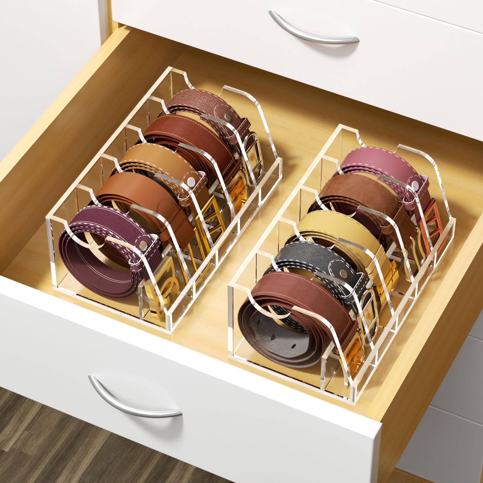 Niubee Belt Organizer, Acrylic Belt Storage Holder For The Closet And Drawer, 5 Compartments Belt Box With Display Stand