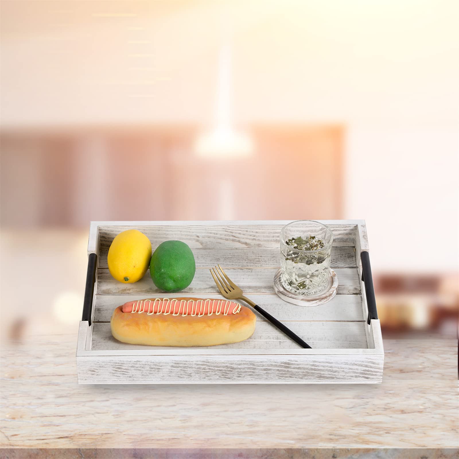 Wooden Serving Ottoman Tray With 4 Coasters,Breakfast Tray With Handles,Ottoman Tray Home Decor For Living Room Ottoman,Wooden T