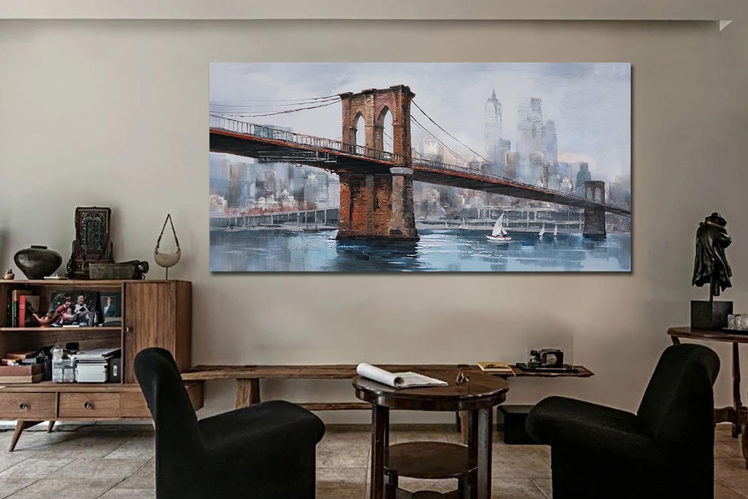 Ardemy Brooklyn Bridge Wall Art Canvas Cityscape Abstract Skyline New York City Painting, Modern Nyc Picture Framed For Bedroom