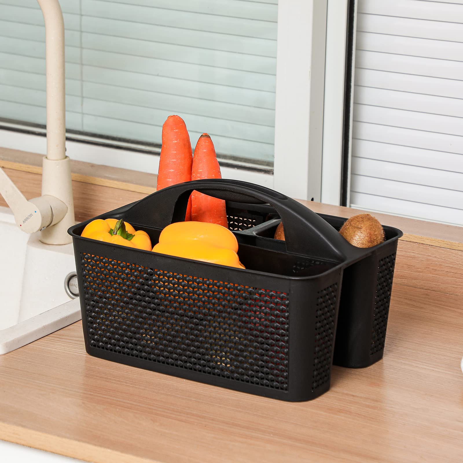 UUJOLY Plastic Portable Shower Caddy Basket Bucket  Cleaning Shower Basket with Handle Compartments Storage Basket Organizer for Bathroom Kitchen College Dorm Sink  Black