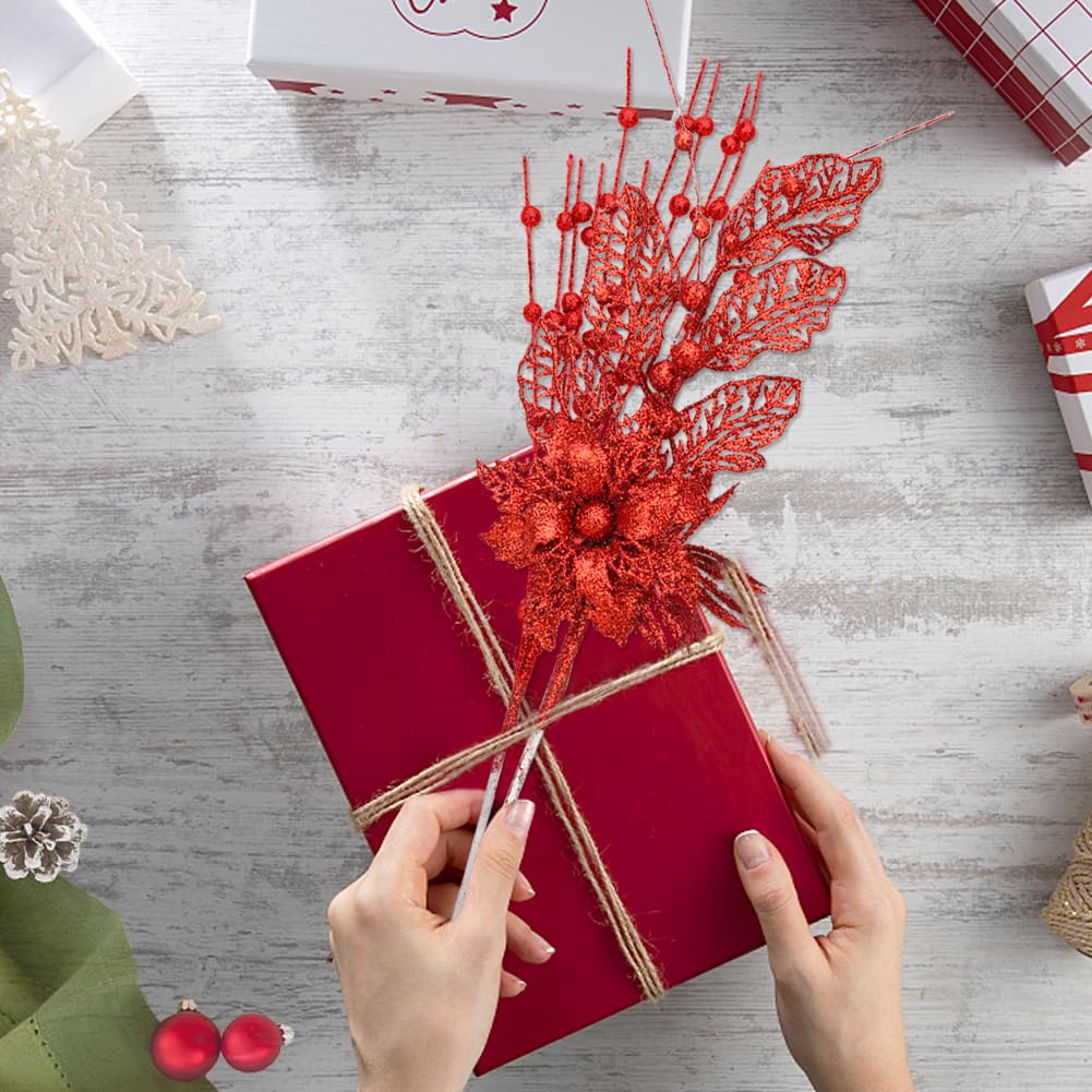 ROSELEAF 28 Pack Red Christmas Tree Ornaments, Artificial Glitter Berry Flowers Stem Branches Picks for Xmas Tree Decoration Gif