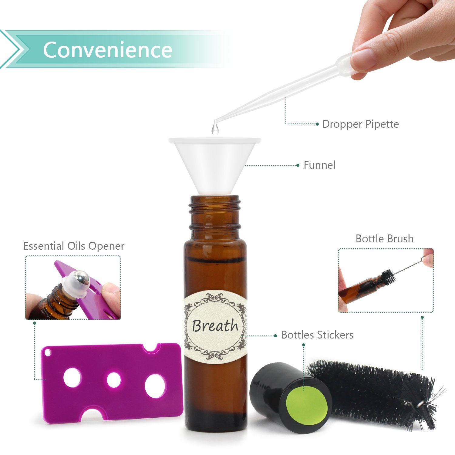 Mavogel 24  10ml Roller Bottles for Essential Oils - Amber  Glass with Stainless Steel Roller Balls (3 Extra Roller Balls  54 Pieces Labels  Opener  Funnel  Dropper  Brush Included)