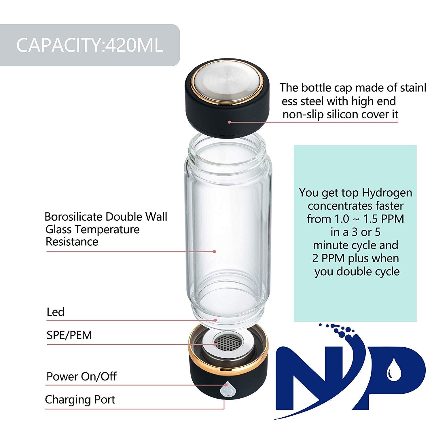 N.P Hydrogen Water Bottle Generator With Pem And Spe Technology,Up To 1800Ppb,Portable Hydrogen Water Maker,Hydrogen Water Machi