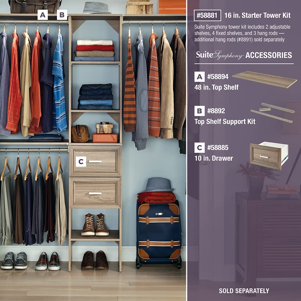 Closetmaid Suitesymphony Wood, Add On Accessory Shaker Style, For Storage, Closet, Clothes, X 10    Size For 16 In. Units, Natur