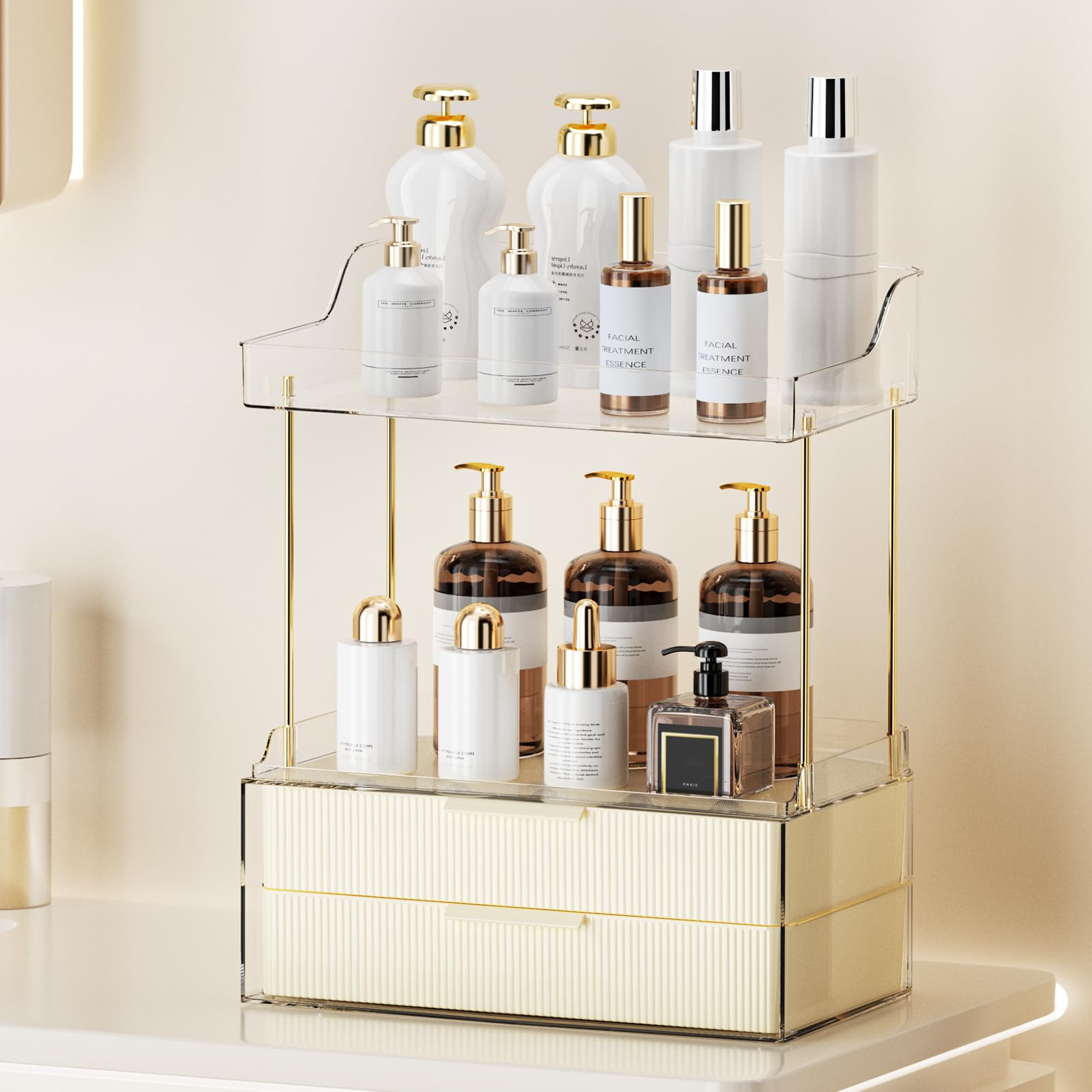 Shuang Qing 2-Tier 2-Drawer Bathroom Countertop Organizer, Skin Care Large Organizer, Multi-Purpose Makeup Storage Rack For Vani