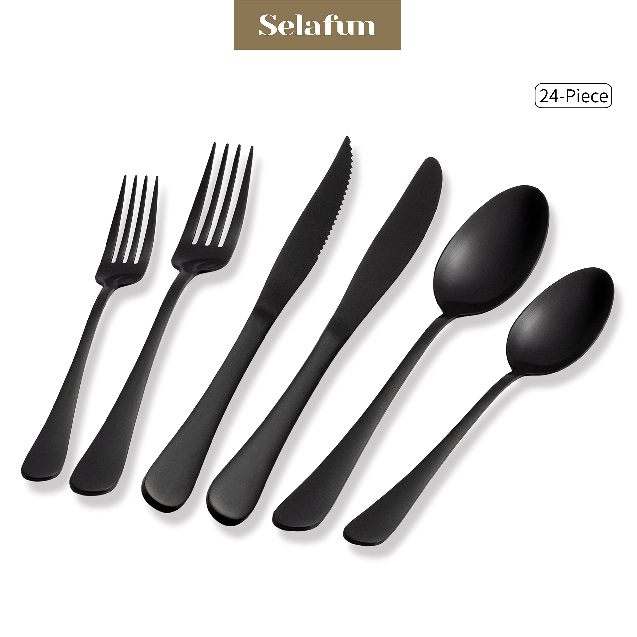 Selafun 24 Piece Matte Black Flatware Set.Stainless Steel Matte Black Silverware Set Titanium Plating Tableware Cutlery Set. Ute
