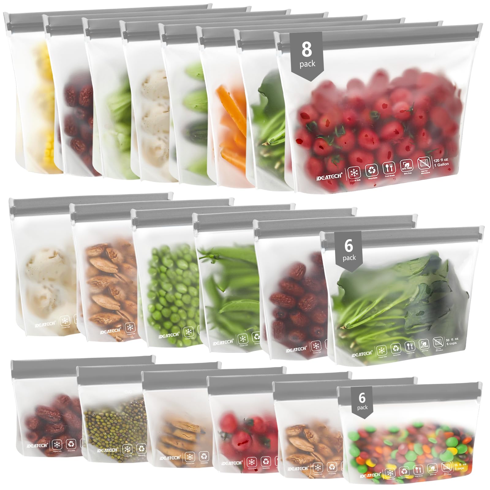 IDEATECH Food Storage Bags, BPA Free PEVA Reusable Gallon Freezer Bags, Reusable Sandwich Containers, Heallthy Food Bags Contain