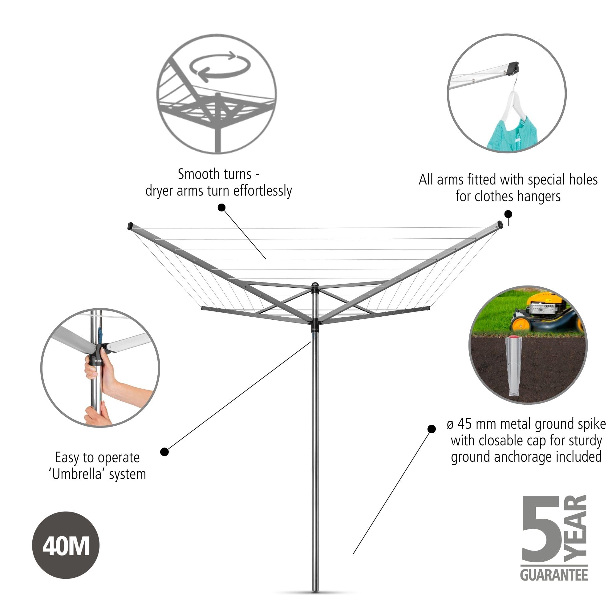 Brabantia Topspinner Rotary Dryer Clothesline with Ground Spike  131 feet  Silver