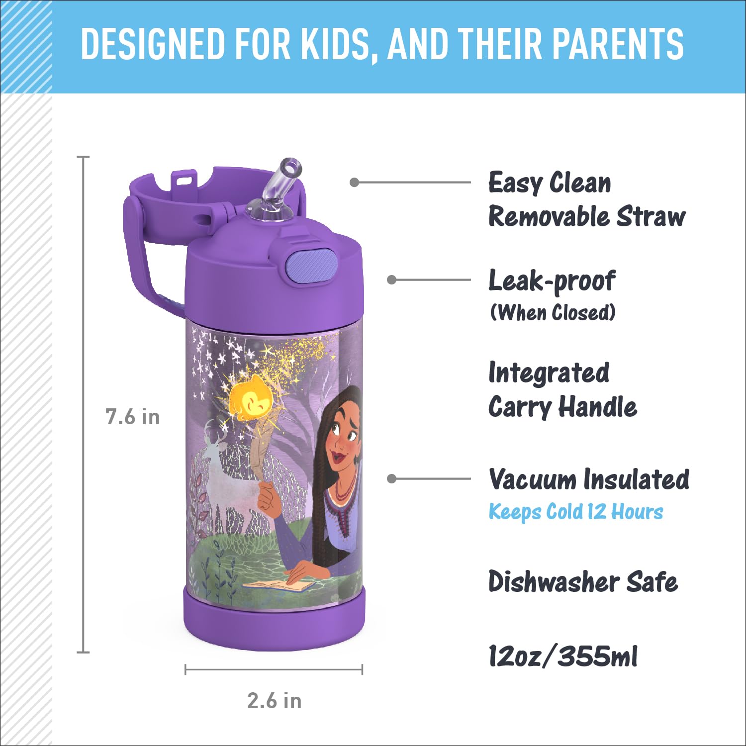 Thermos Funtainer Water Bottle With Straw - 12 Ounce - Kids Stainless Steel Vacuum Insulated Water Bottle With Lid, Wish