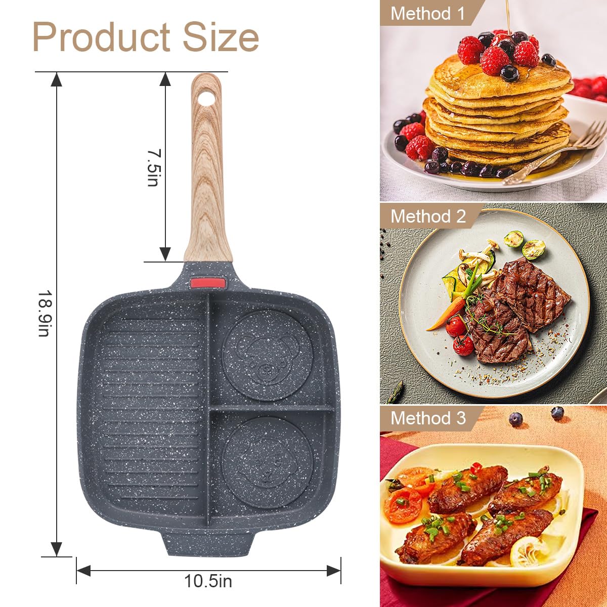 Bobikuke Nonstick Grill Pan For Stove Tops, 10.5 Inch Sectional Skillet, Divided Pan For Breakfast, Square Grill Skillet With Si