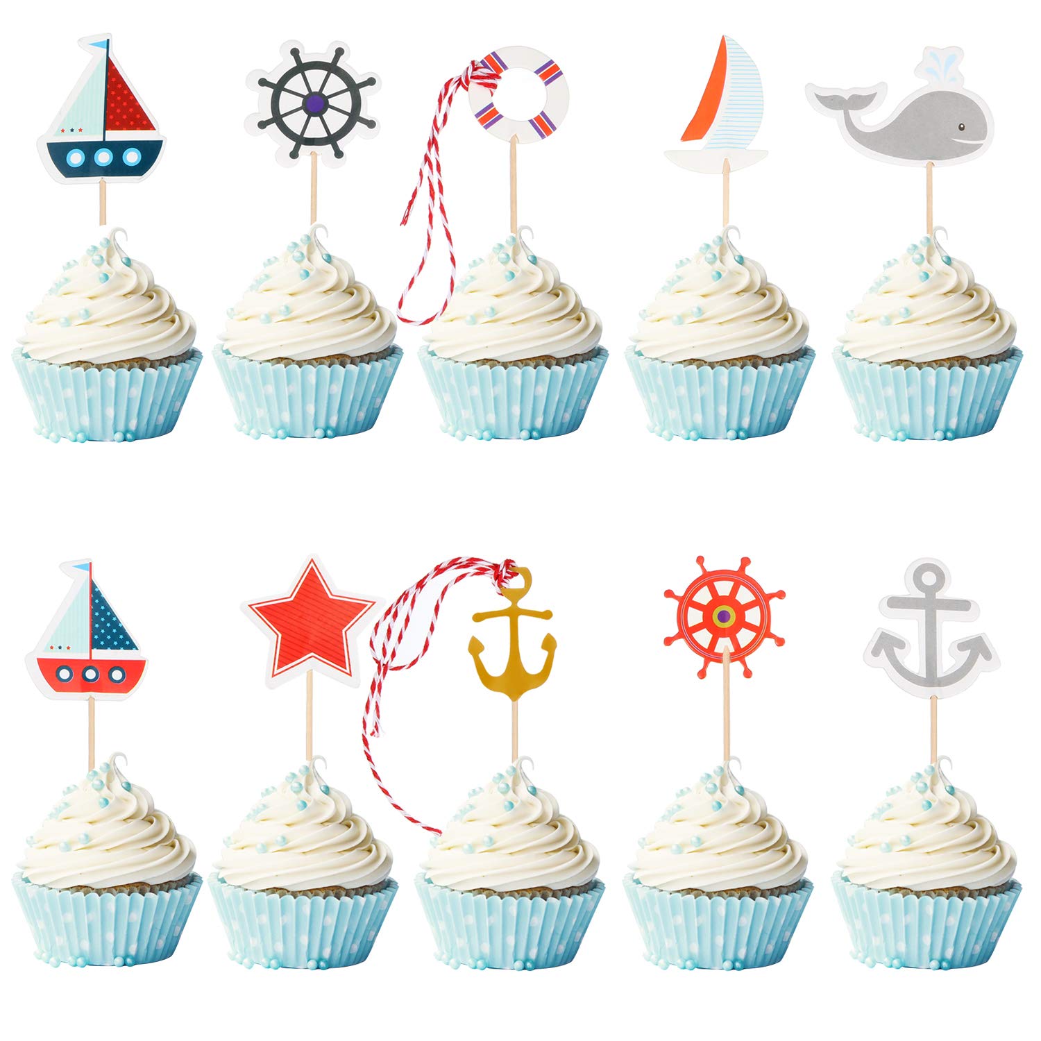72 Pieces Nautical Cupcake Toppers Ocean Theme Toothpicks Birthday Cake Picks Decorations For Navy Baby Shower Party Favors Supp
