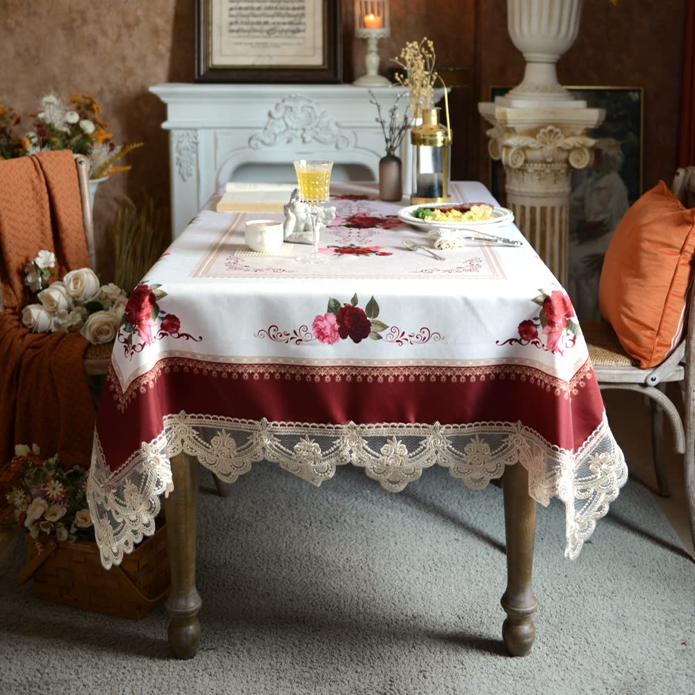 SUTAVIA Floral Lace Tablecloth Farmhouse Waterproof Fabric Table Cover Satin Resistant for Home Kitchen Dining Room Winter Holiday Christmas Party(Burgundy  Rectangle/Oblong 60 x 84 Inch 6-8 Seats)