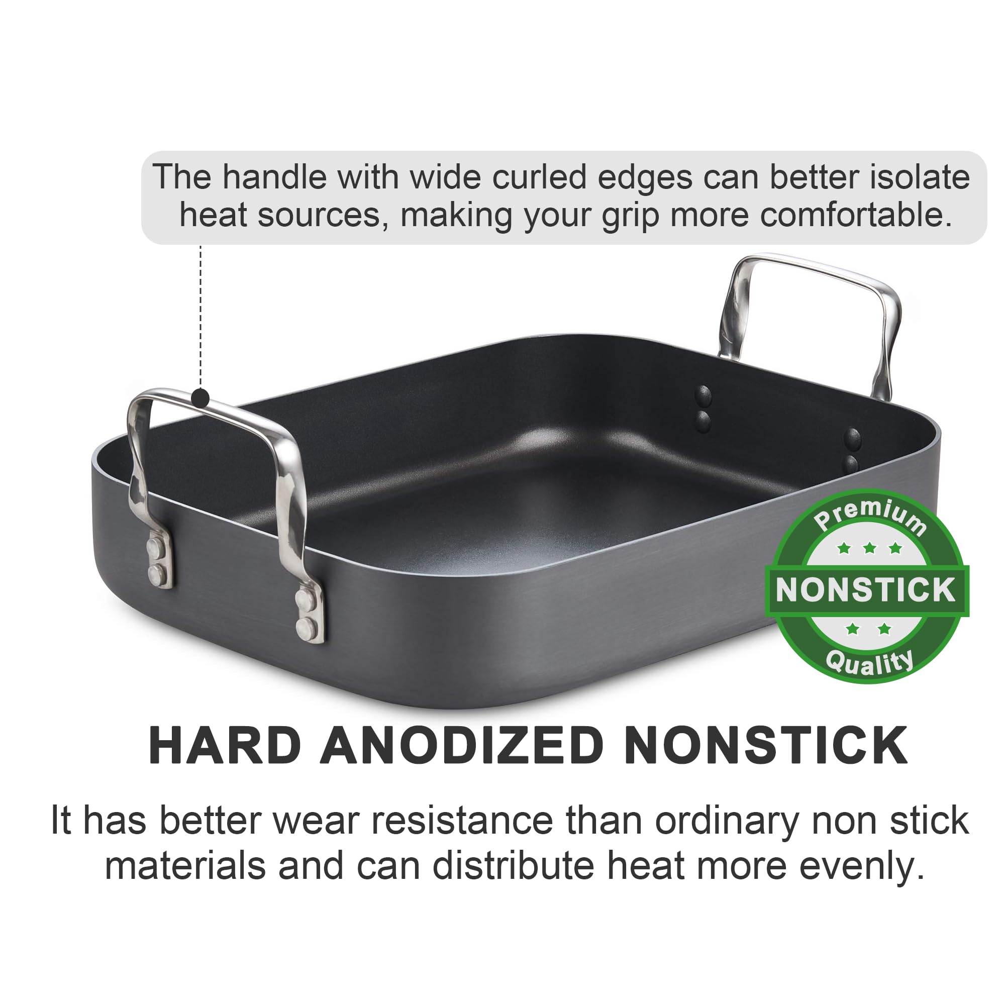 Cooks Standard Turkey Roasting Pan, Hard Anodized Aluminum, 16"x12", Black, Model 02672, Multi-Use Grill Pan with Rack and Handles