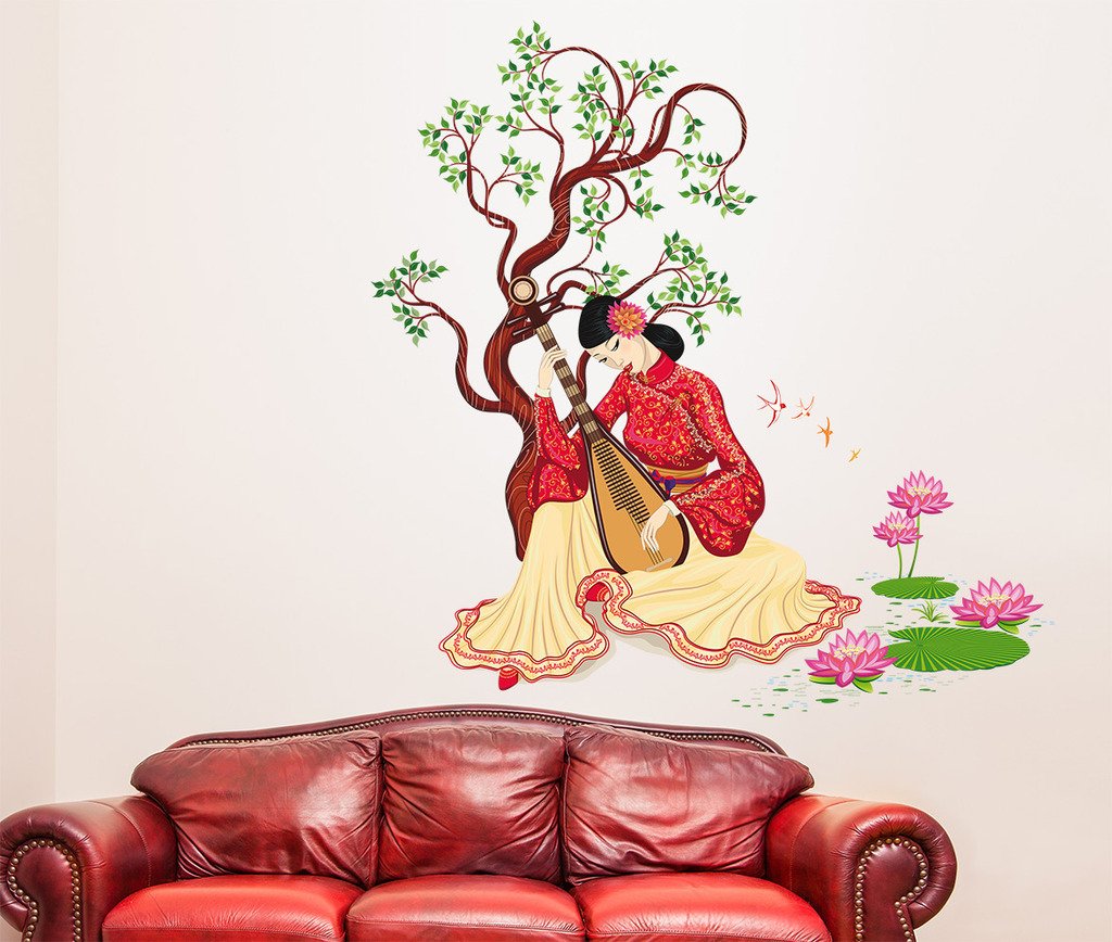 Decals Design 'Chinese Girl Playing Lute Under The Tree' Wall Sticker (Pvc Vinyl, 50 Cm X 70 Cm X 1 Cm), Multicolour