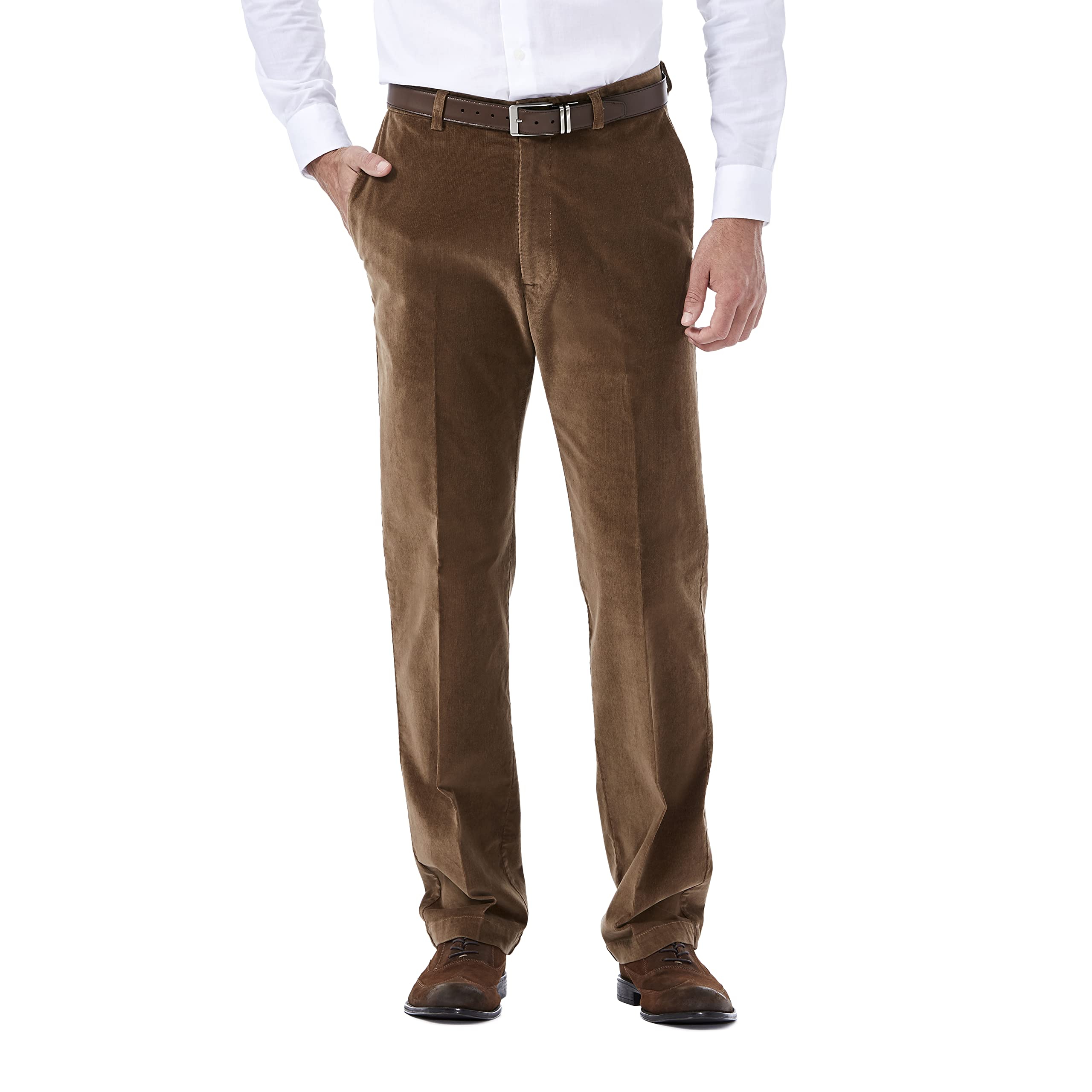 Haggar Mens Stretch Corduroy Expandable Waist Classic Fit Flat Front Casual Pants, Camel, 32W X 32L Us