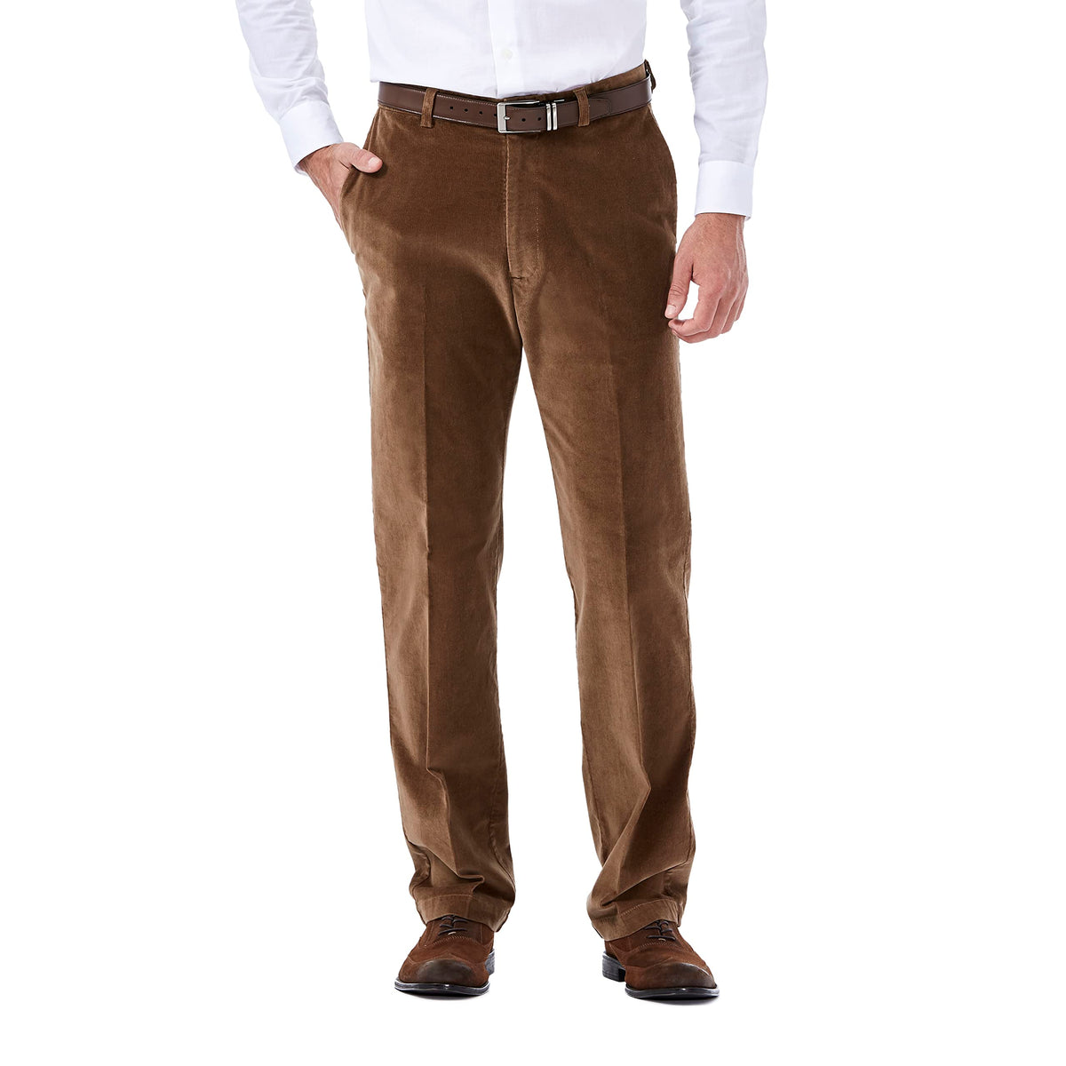 Haggar Mens Stretch Corduroy Expandable Waist Classic Fit Flat Front Casual Pants, Camel, 32W X 32L Us
