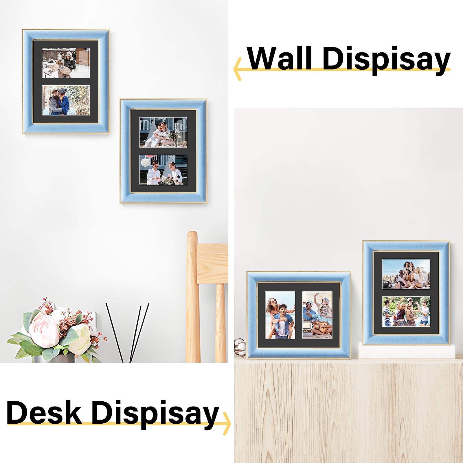 KSROECUD 8x10 Velvet Picture Frame with 2 Opening 4x6 Picture, HD Real Glass Spruce Blue Velvet Photo Frame with Black White Bor