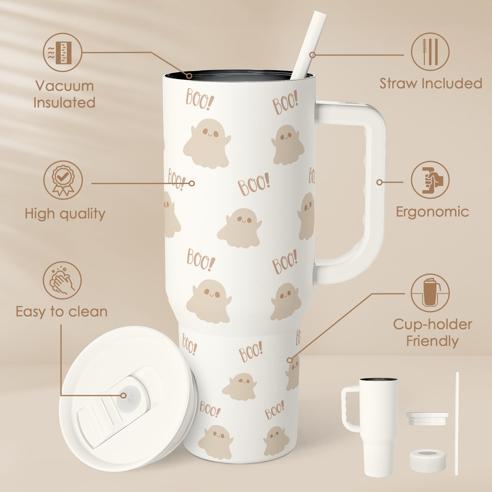 Boo Tumbler with Handle and Straw 40oz - Stainless Sleel Slider Tumbler Travel Coffee Mug for Women - Gift Idea for Fall Autumn