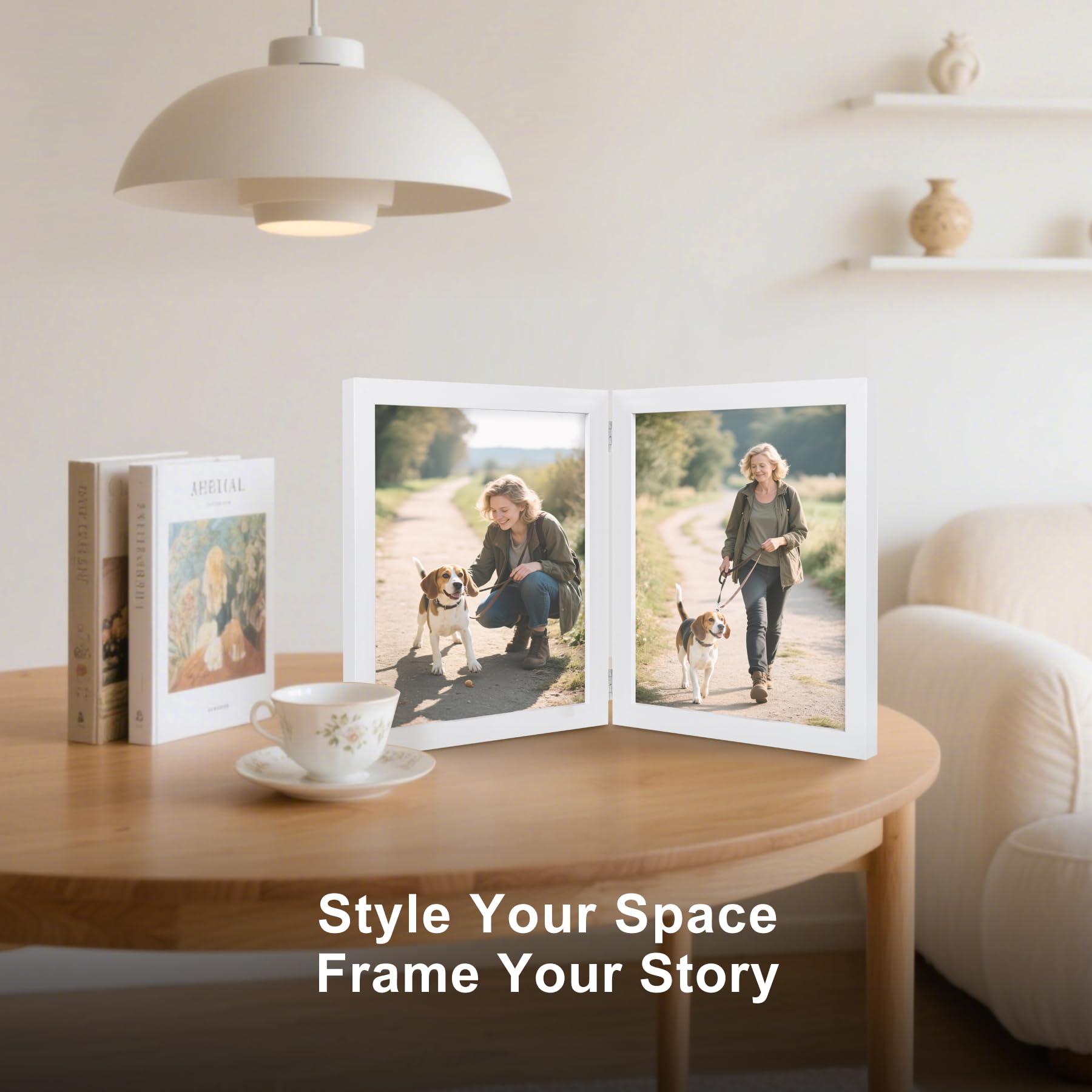 8x10 Double Picture Frame Wooden Hinged Photo Frame Definition Glass Stand Vertically on Desktop or Tabletop White