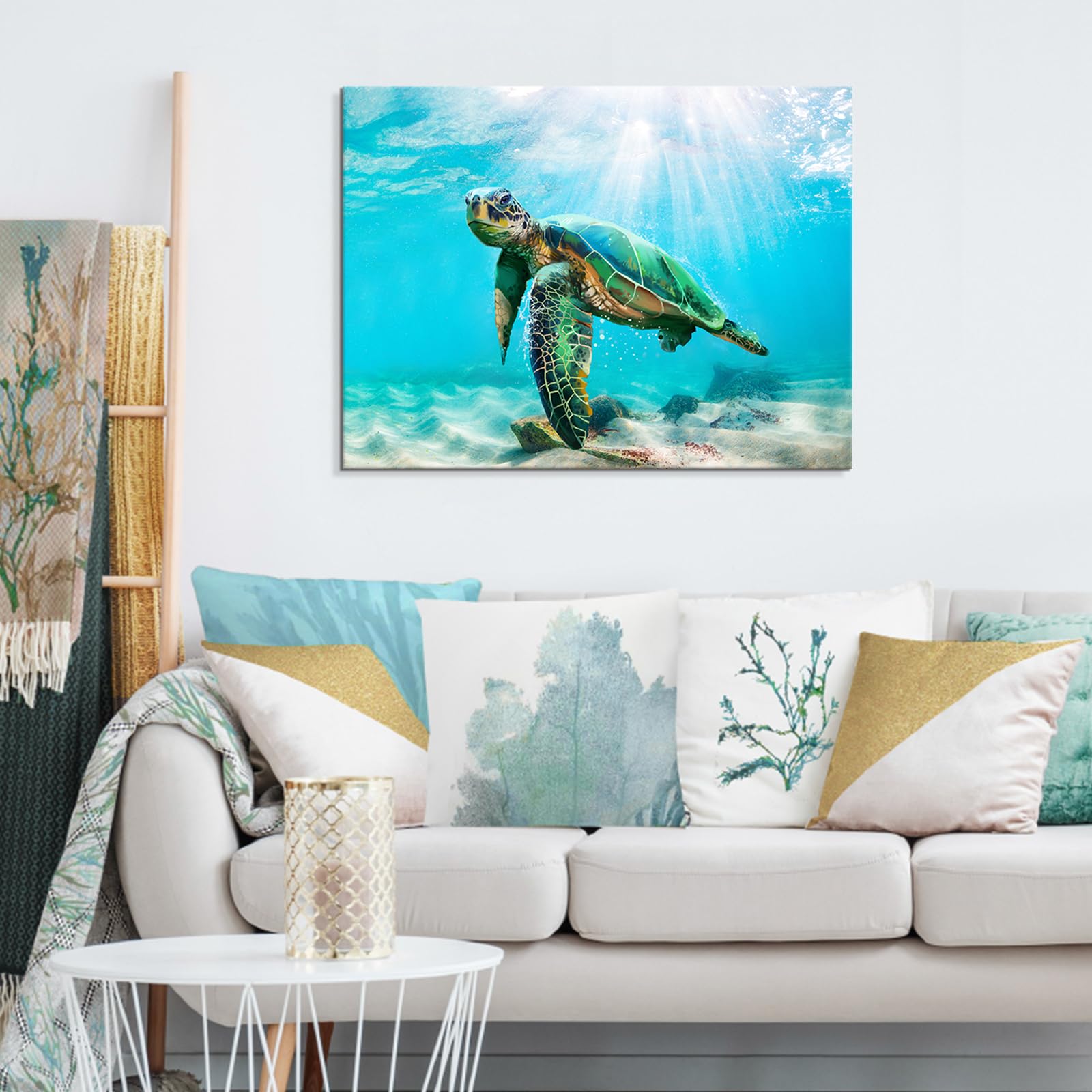 Japo Art Green Sea Turtle Wall Art Submarine Picture Blue Ocean Animal Painting Coastal Wall Decor Framed Ready To Hang For Bath