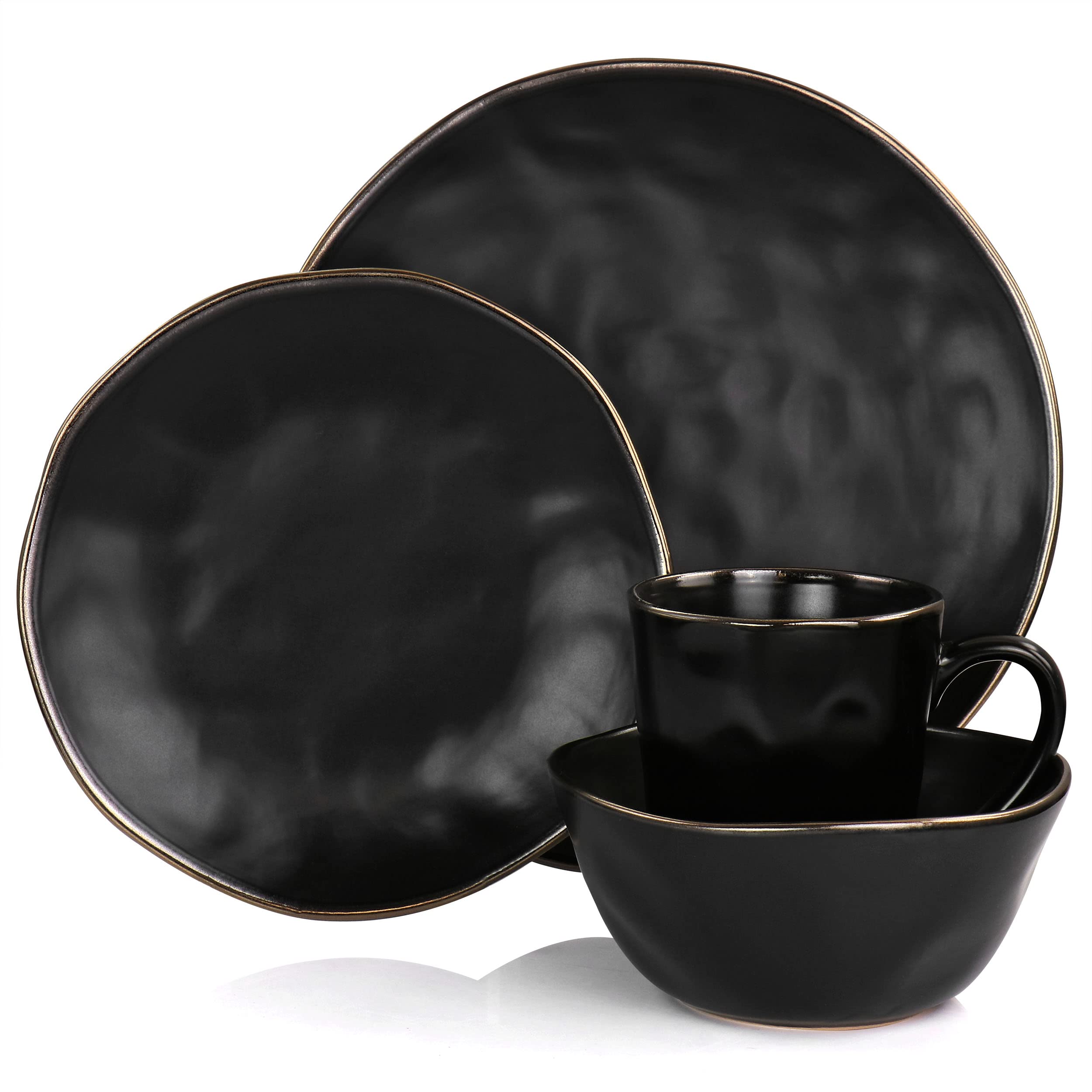 Elama Modern 16 Piece Stoneware Dinnerware Set in Matte Black with Gold Rim (ELM-MATTE)